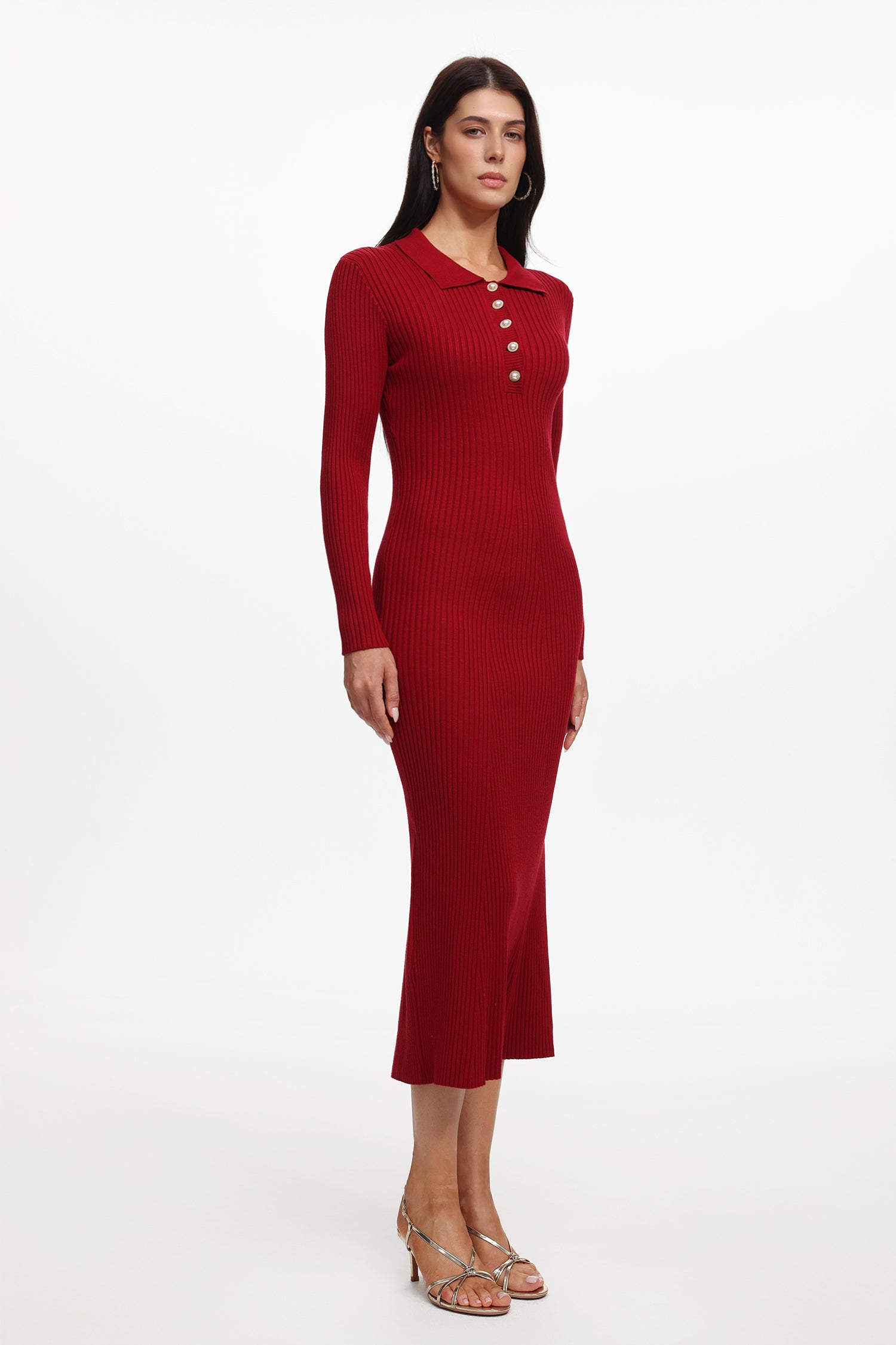 Morwenna Elegant Contour Long Sleeve Pearl Knit Maxi Dress	