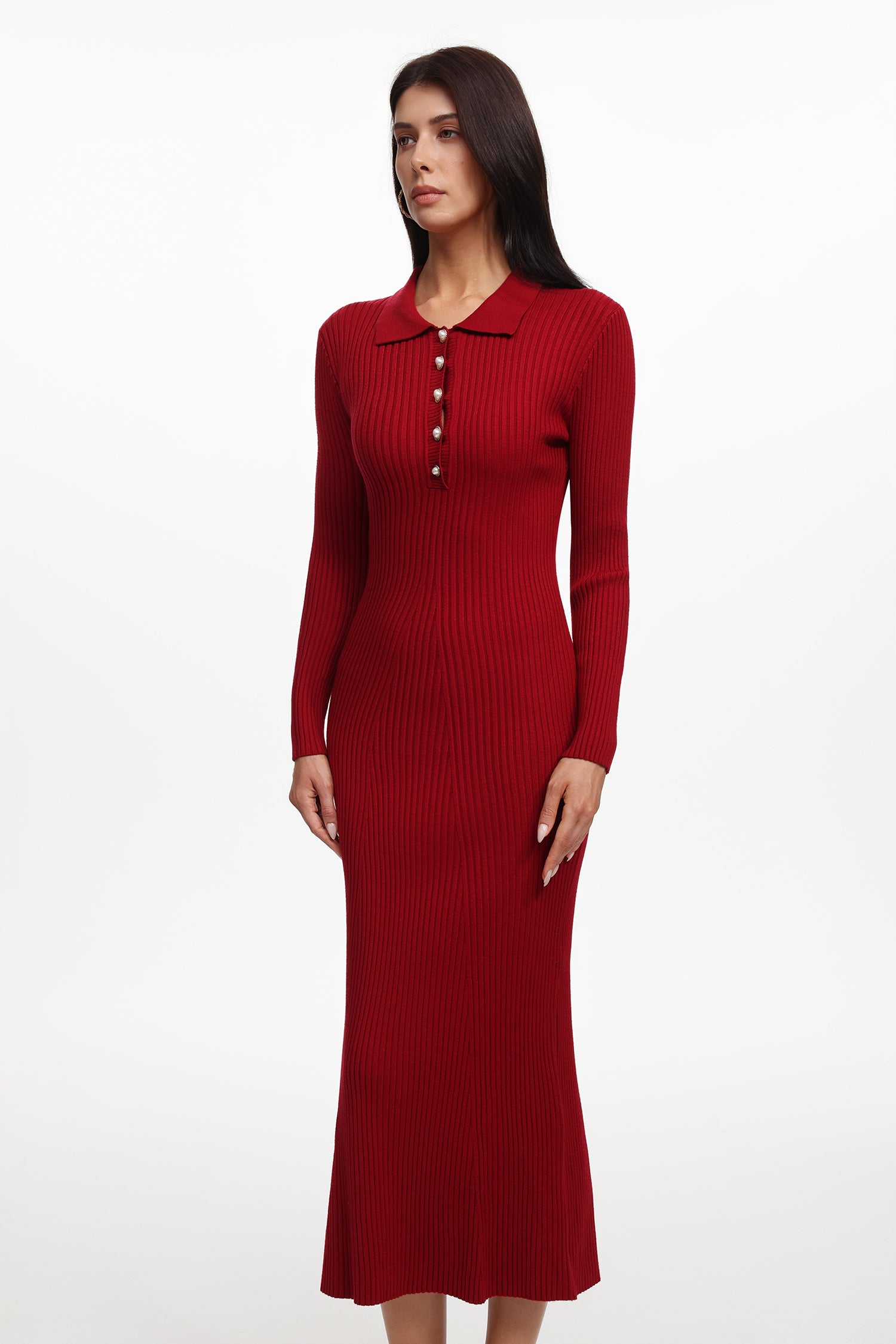 Morwenna Elegant Contour Long Sleeve Pearl Knit Maxi Dress	