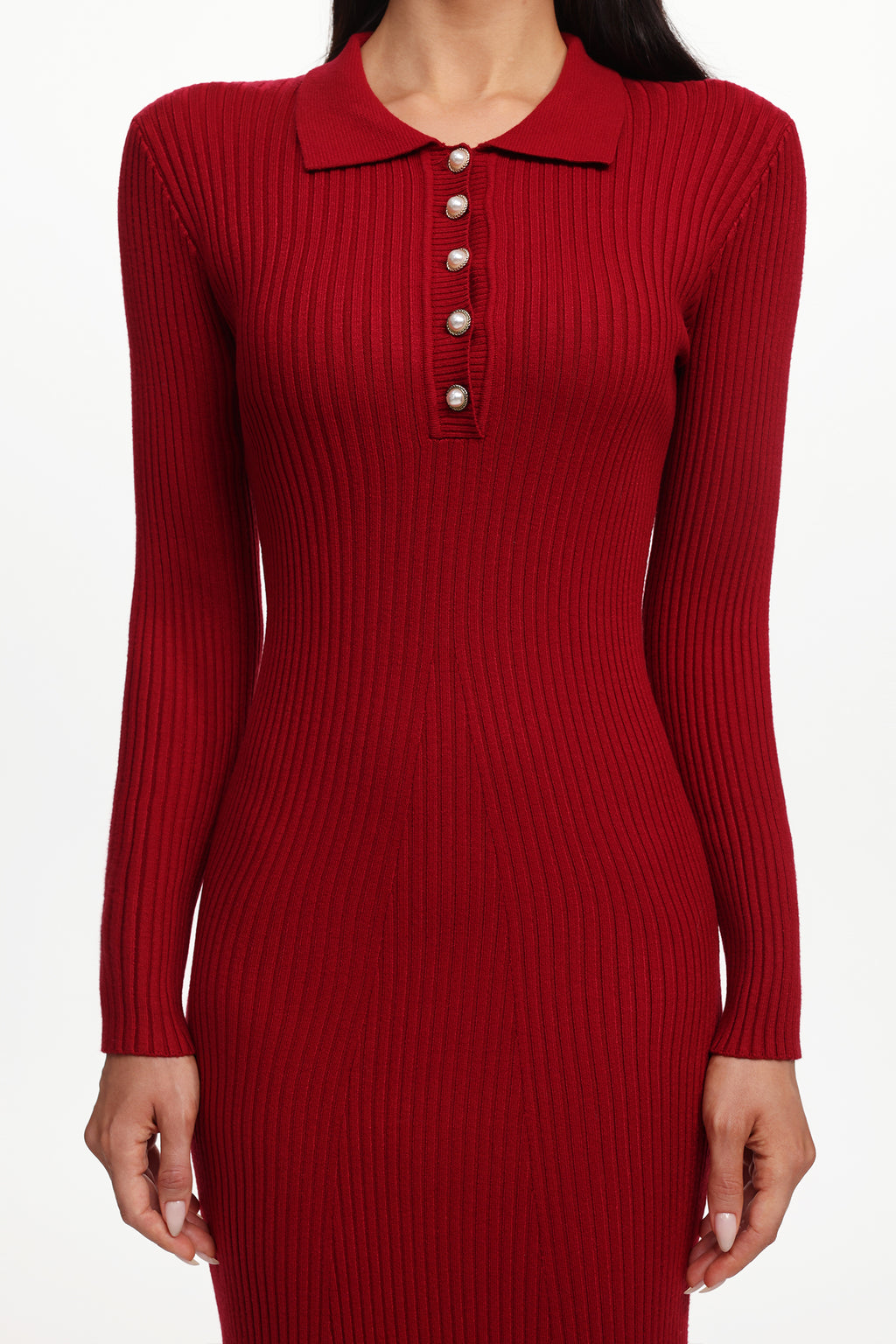 Morwenna Elegant Contour Long Sleeve Pearl Knit Maxi Dress	