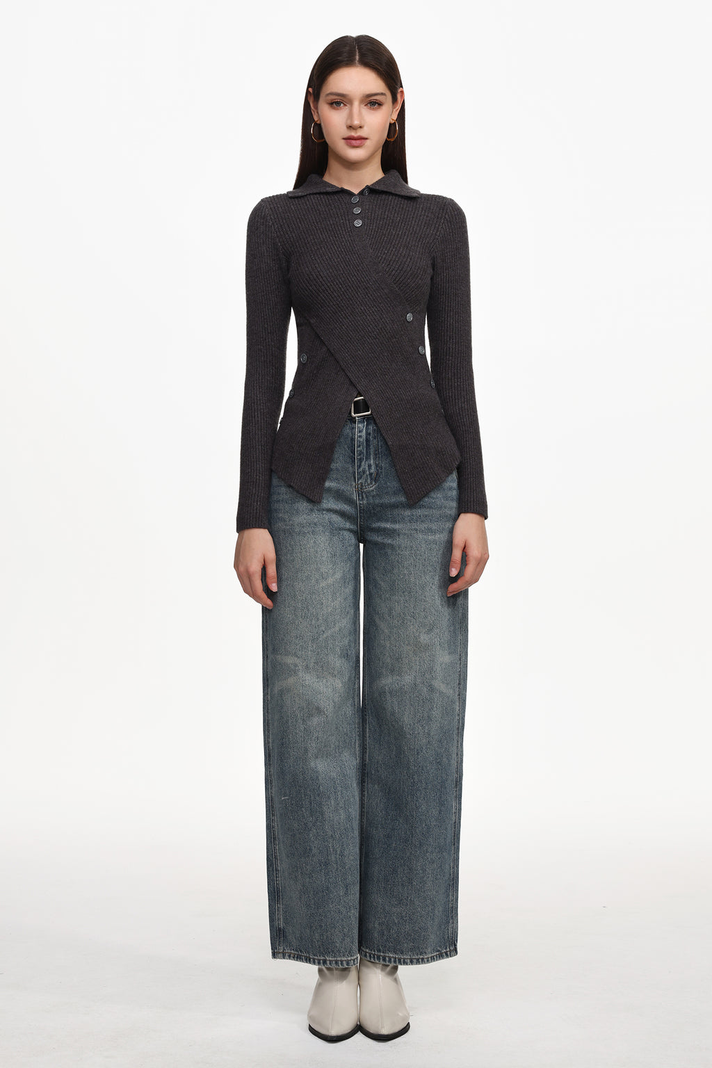 Dotty Chic Long Sleeve Buttoned Knit Top