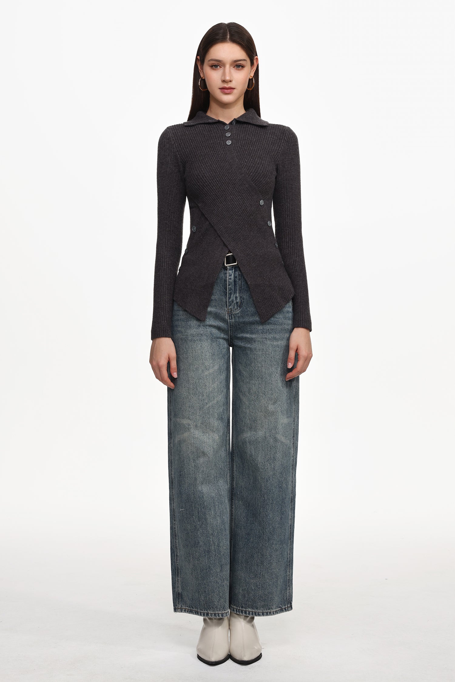 Dotty Chic Long Sleeve Buttoned Knit Top