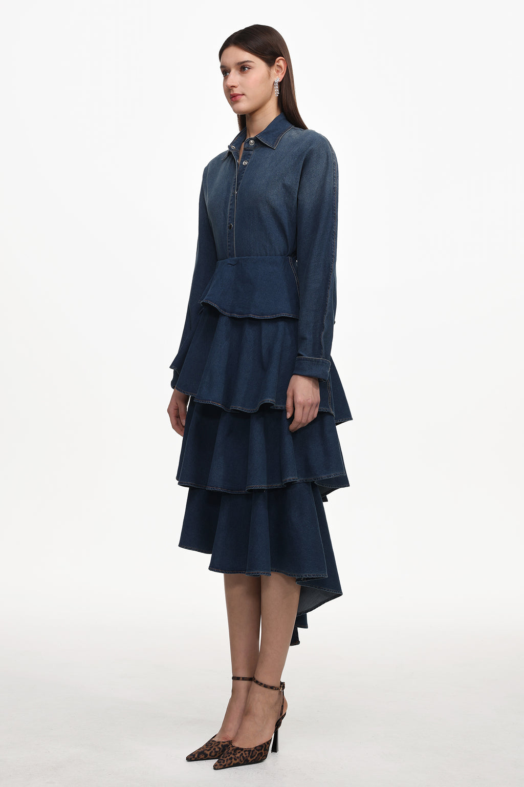 Imola Chic Flowy Long Sleeve Asymmetric Ruffle Denim Top And Skirt Set	