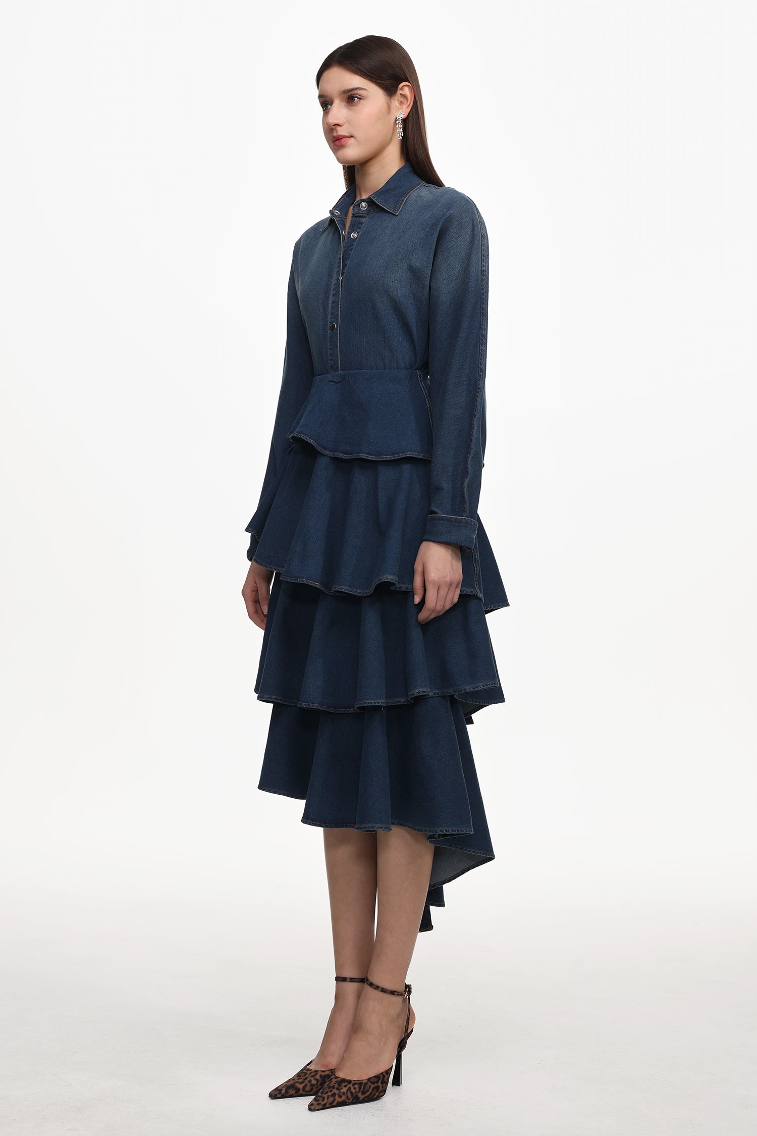 Imola Chic Flowy Long Sleeve Asymmetric Ruffle Denim Top And Skirt Set	