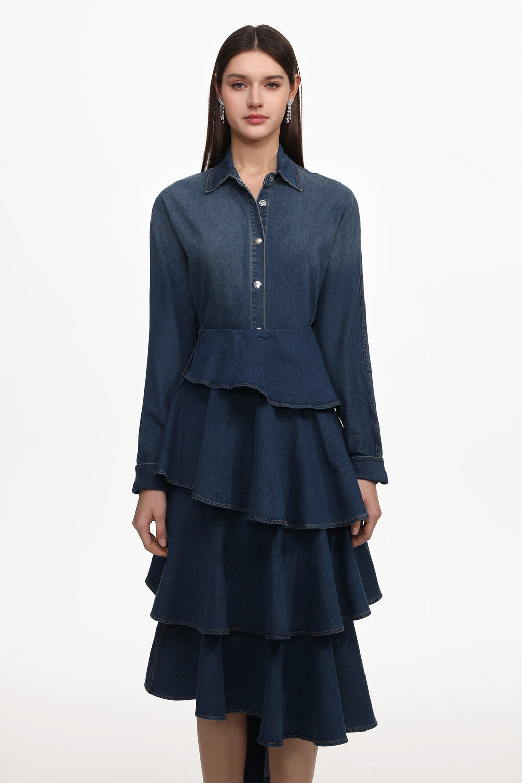 Imola Chic Flowy Long Sleeve Asymmetric Ruffle Denim Top And Skirt Set	