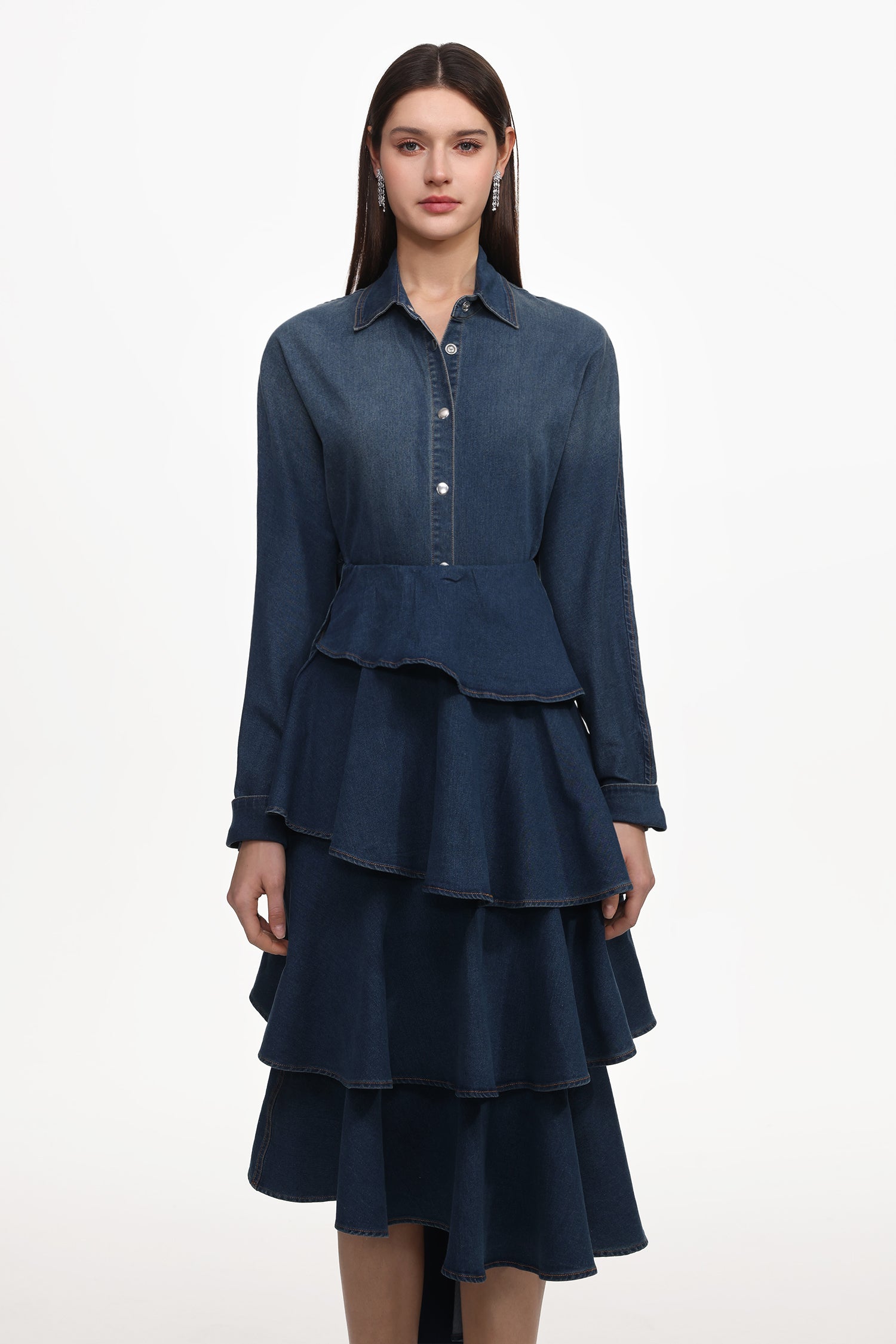 Imola Chic Flowy Long Sleeve Asymmetric Ruffle Denim Top And Skirt Set	