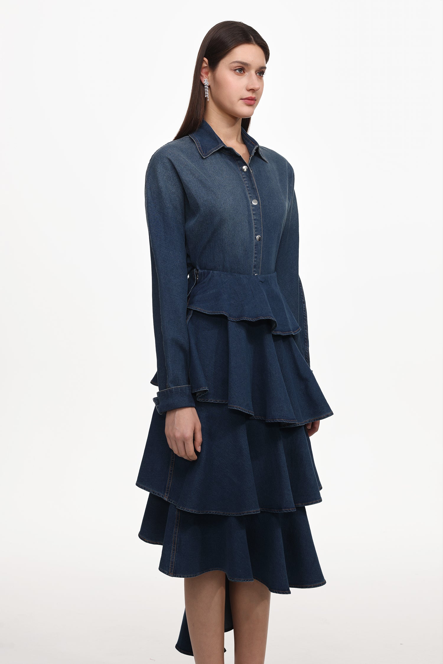 Imola Chic Flowy Long Sleeve Asymmetric Ruffle Denim Top And Skirt Set	