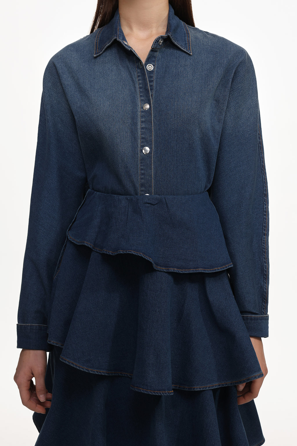 Imola Chic Flowy Long Sleeve Asymmetric Ruffle Denim Top And Skirt Set	