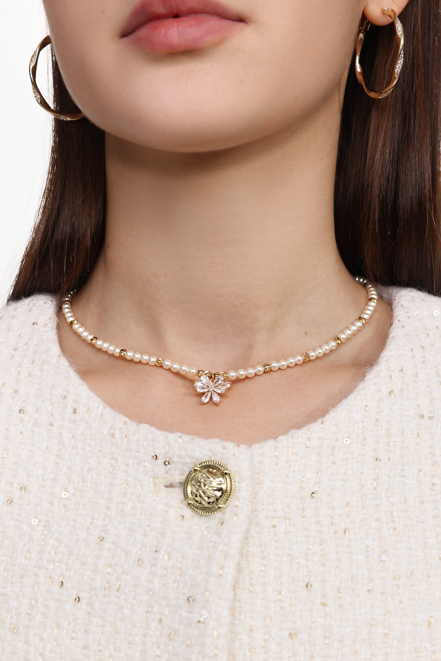 Peggie Pearl Diamond Flower Necklace	