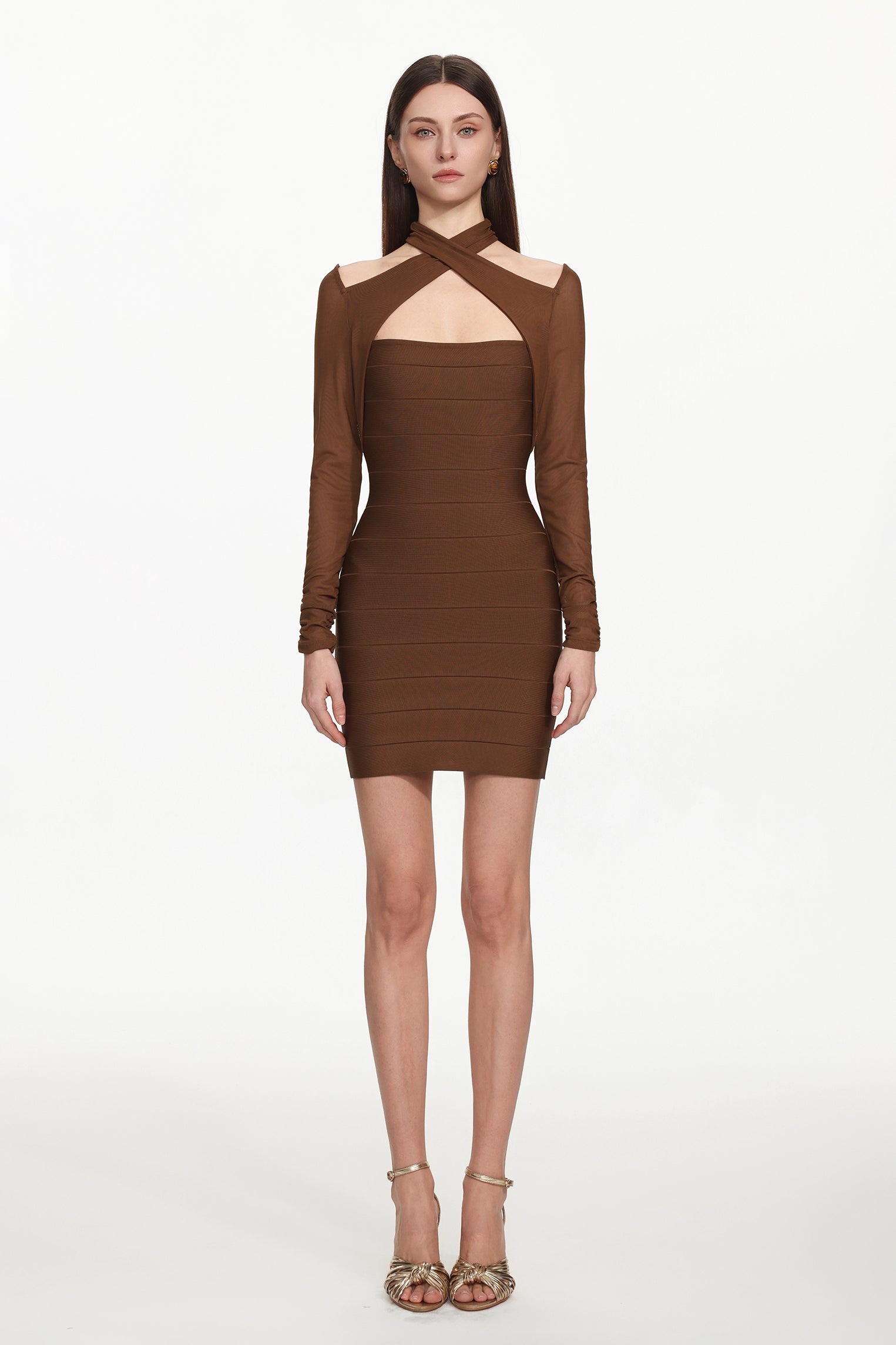 Estrela Classic Contour Overlay Long Sleeve Bandage Mini Dress	