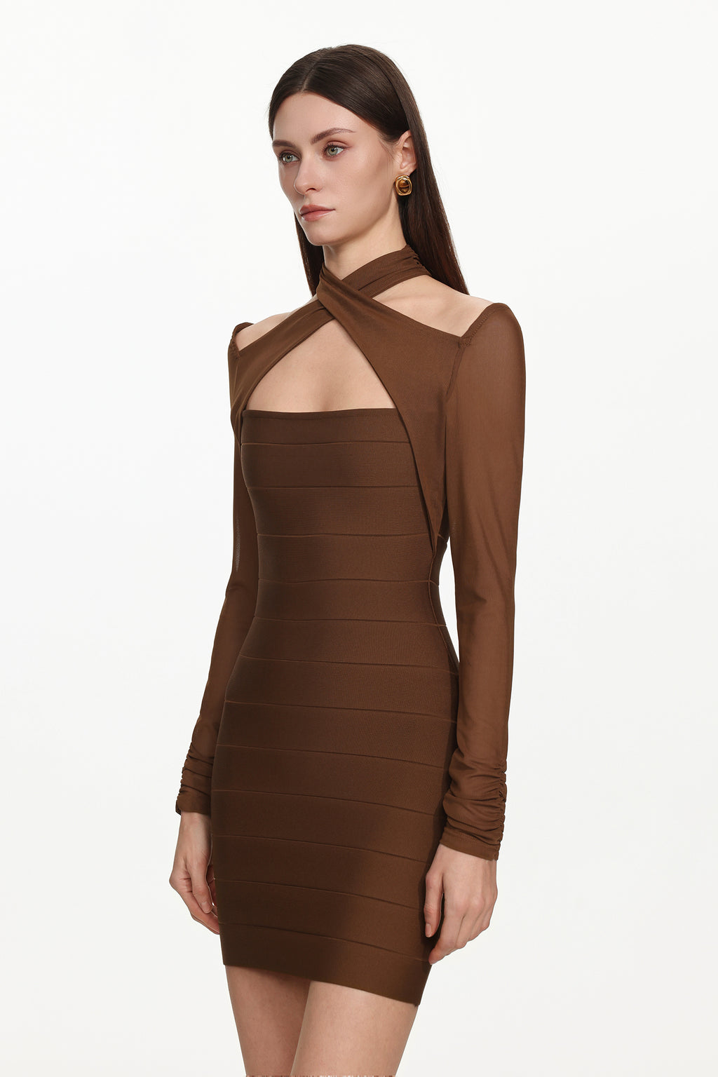 Estrela Classic Contour Overlay Long Sleeve Bandage Mini Dress	