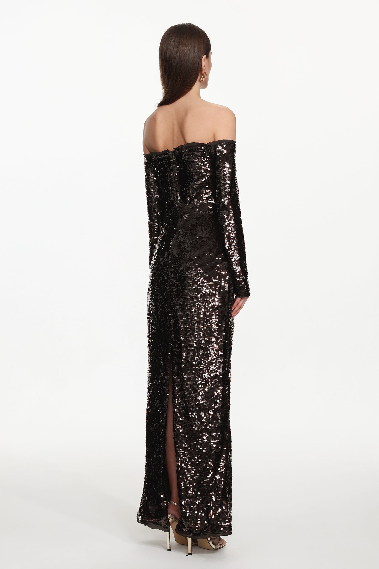 Savier Chic Contour Off Shoulder Long Sleeve Sequin Maxi Dress	