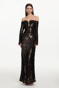 Savier Chic Contour Off Shoulder Long Sleeve Sequin Maxi Dress	