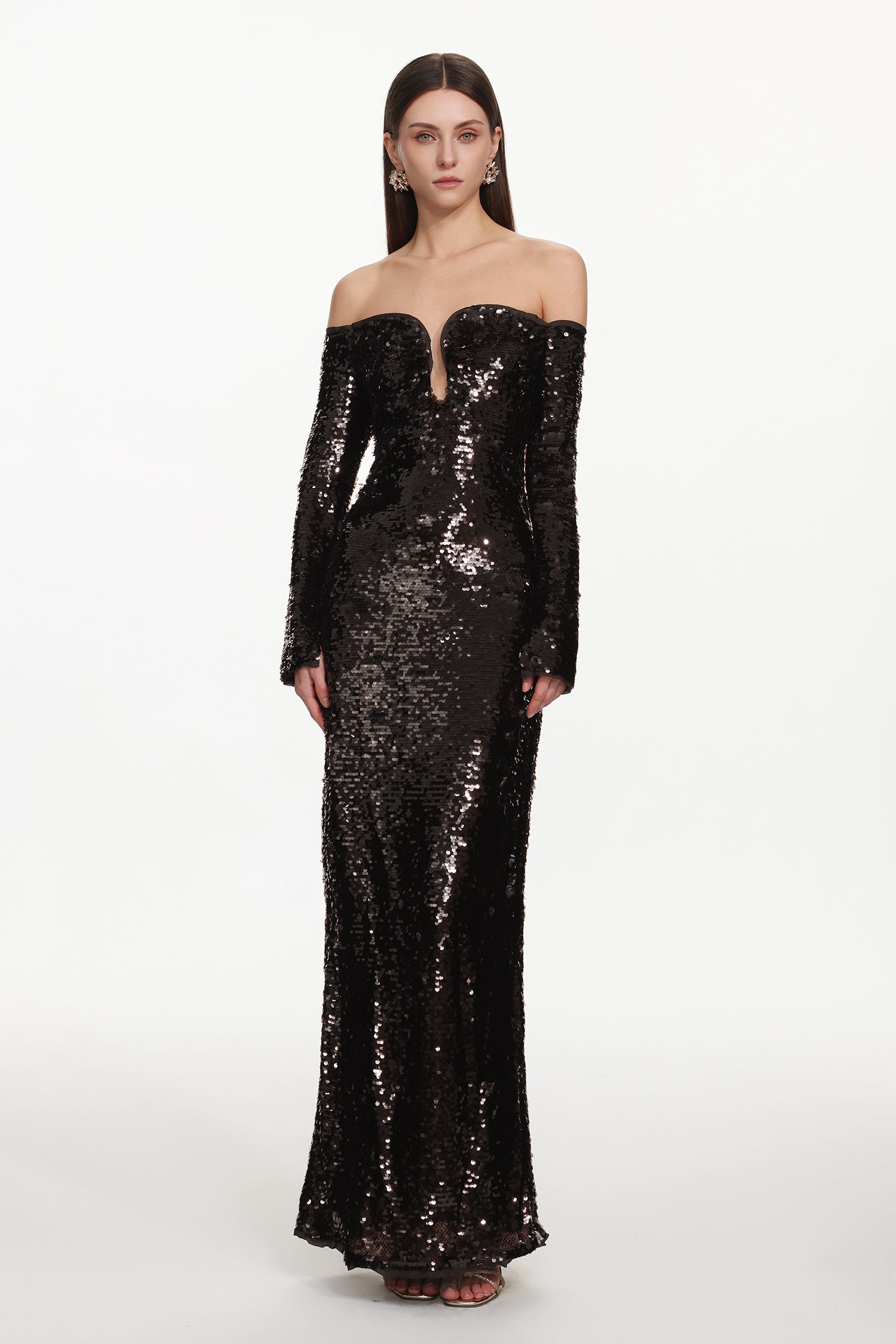 Savier Chic Contour Off Shoulder Long Sleeve Sequin Maxi Dress	