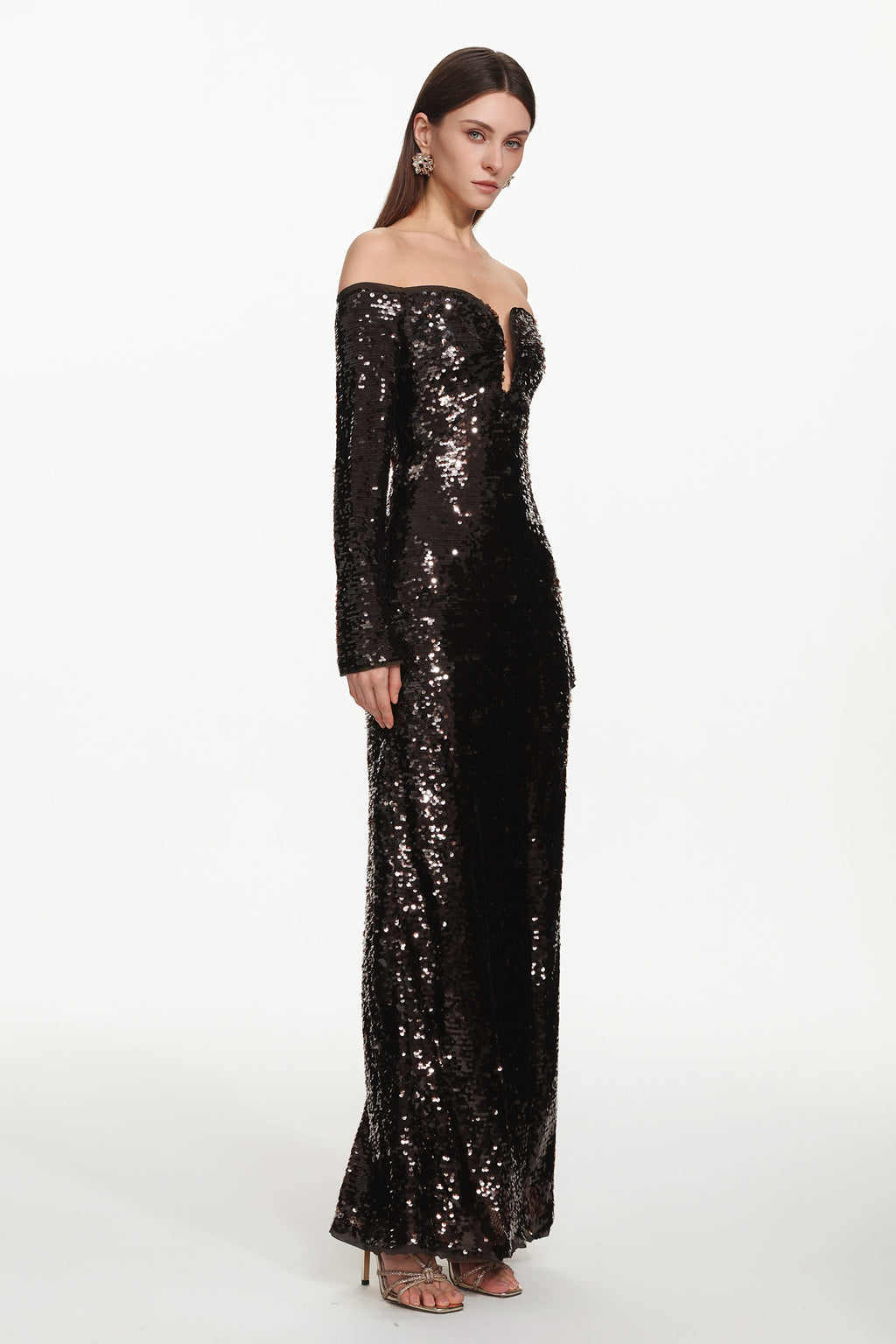 Savier Chic Contour Off Shoulder Long Sleeve Sequin Maxi Dress	