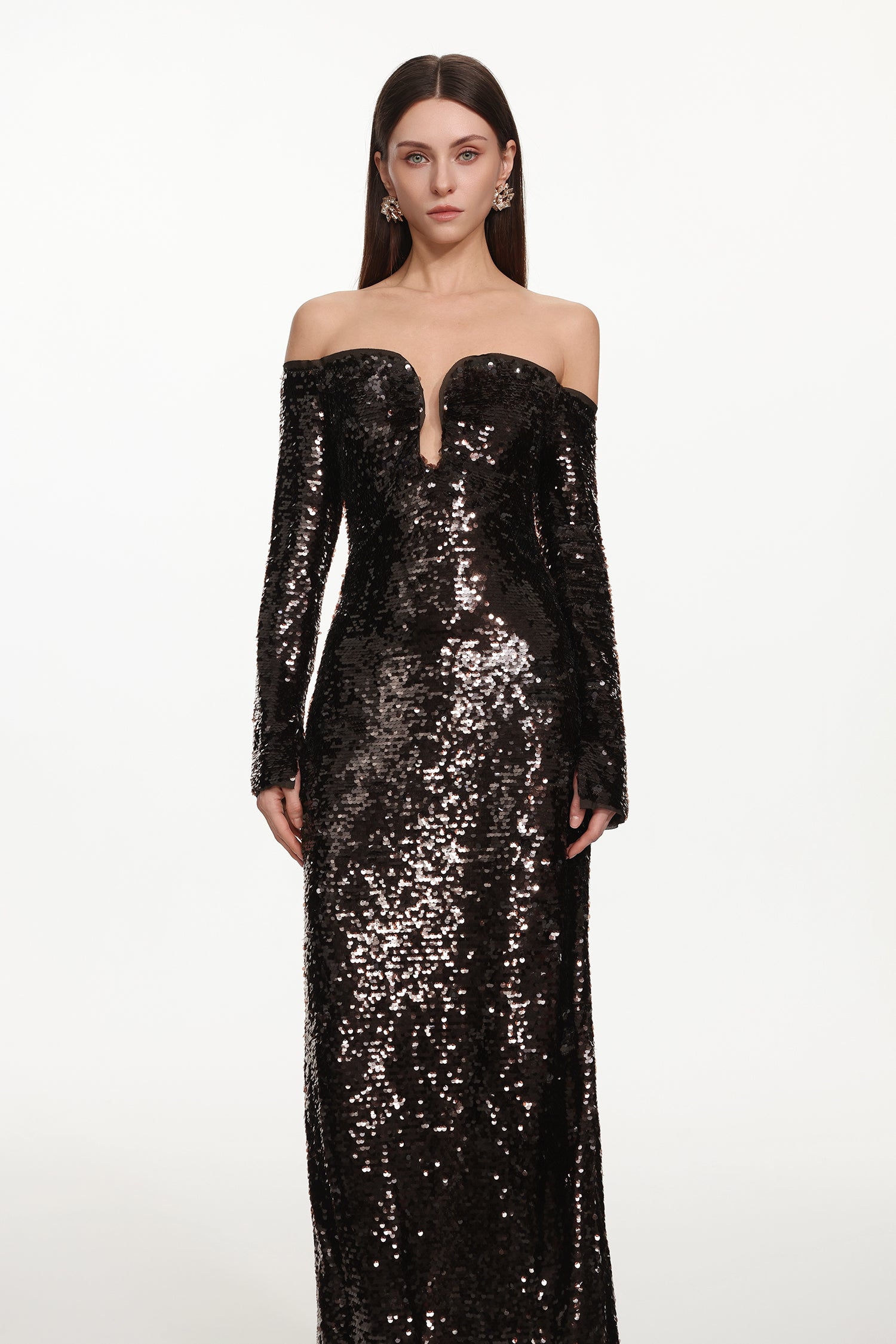 Savier Chic Contour Off Shoulder Long Sleeve Sequin Maxi Dress	