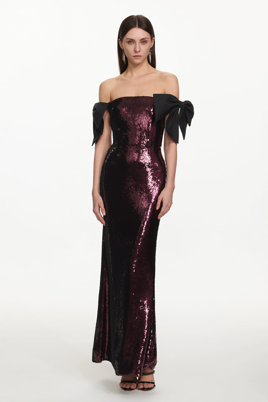 Uzaco Glamorous Contour Off Shoulder Bow Sequin Maxi Dress	