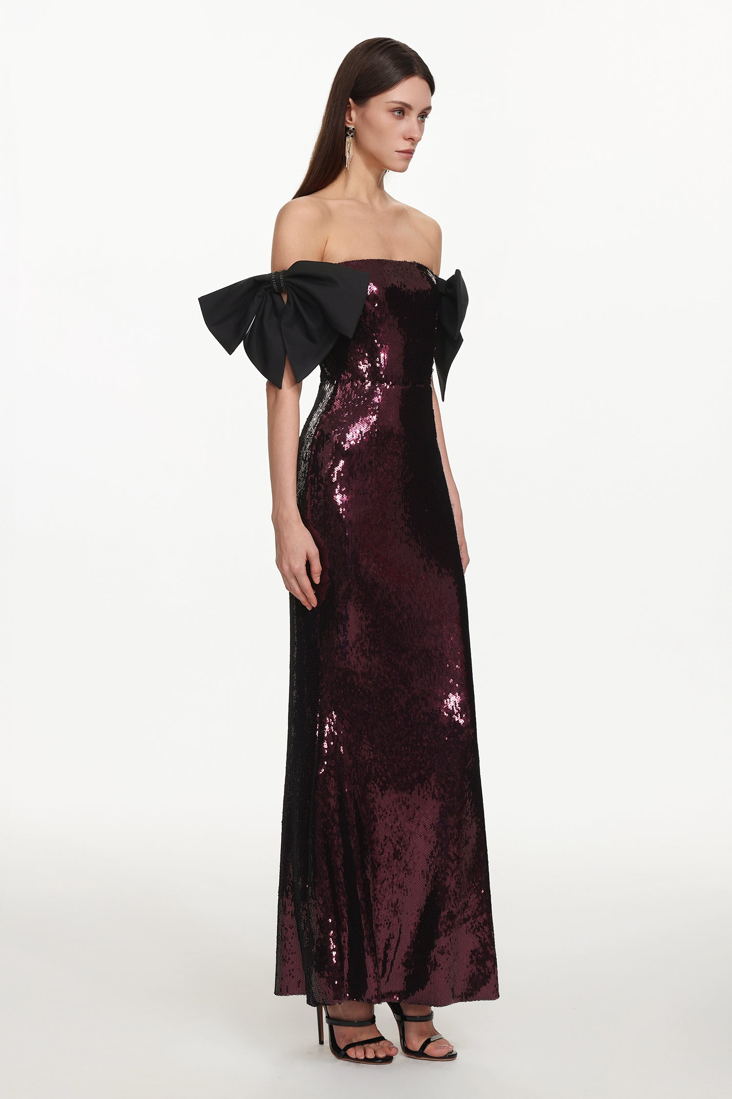 Uzaco Glamorous Contour Off Shoulder Bow Sequin Maxi Dress	