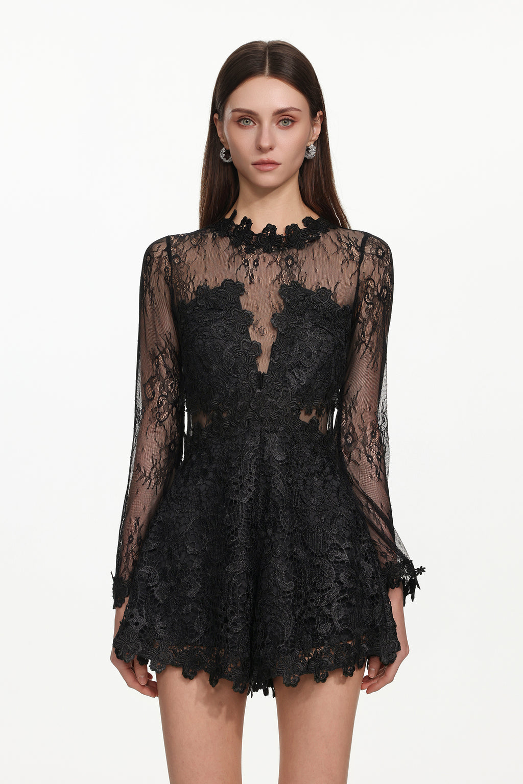 Willa Elegant Contour Long Sleeve Lace Romper	