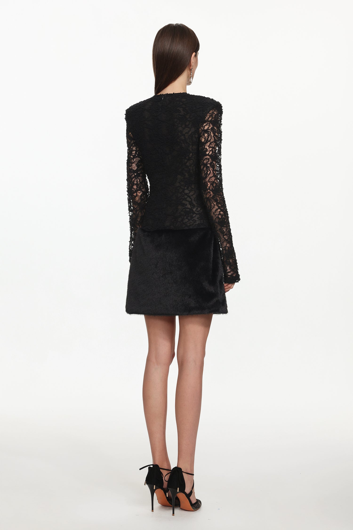 Wanda Chic Contour Long Sleeve Lace Faux Fur Mini Dress	