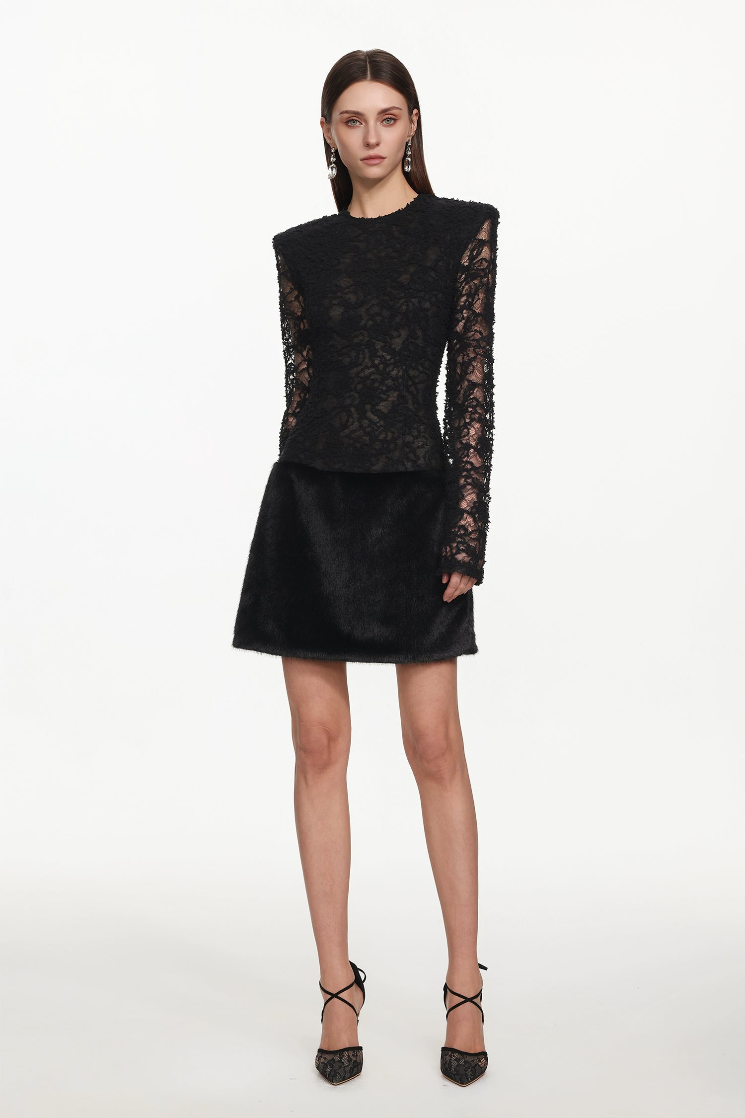 Wanda Chic Contour Long Sleeve Lace Faux Fur Mini Dress	