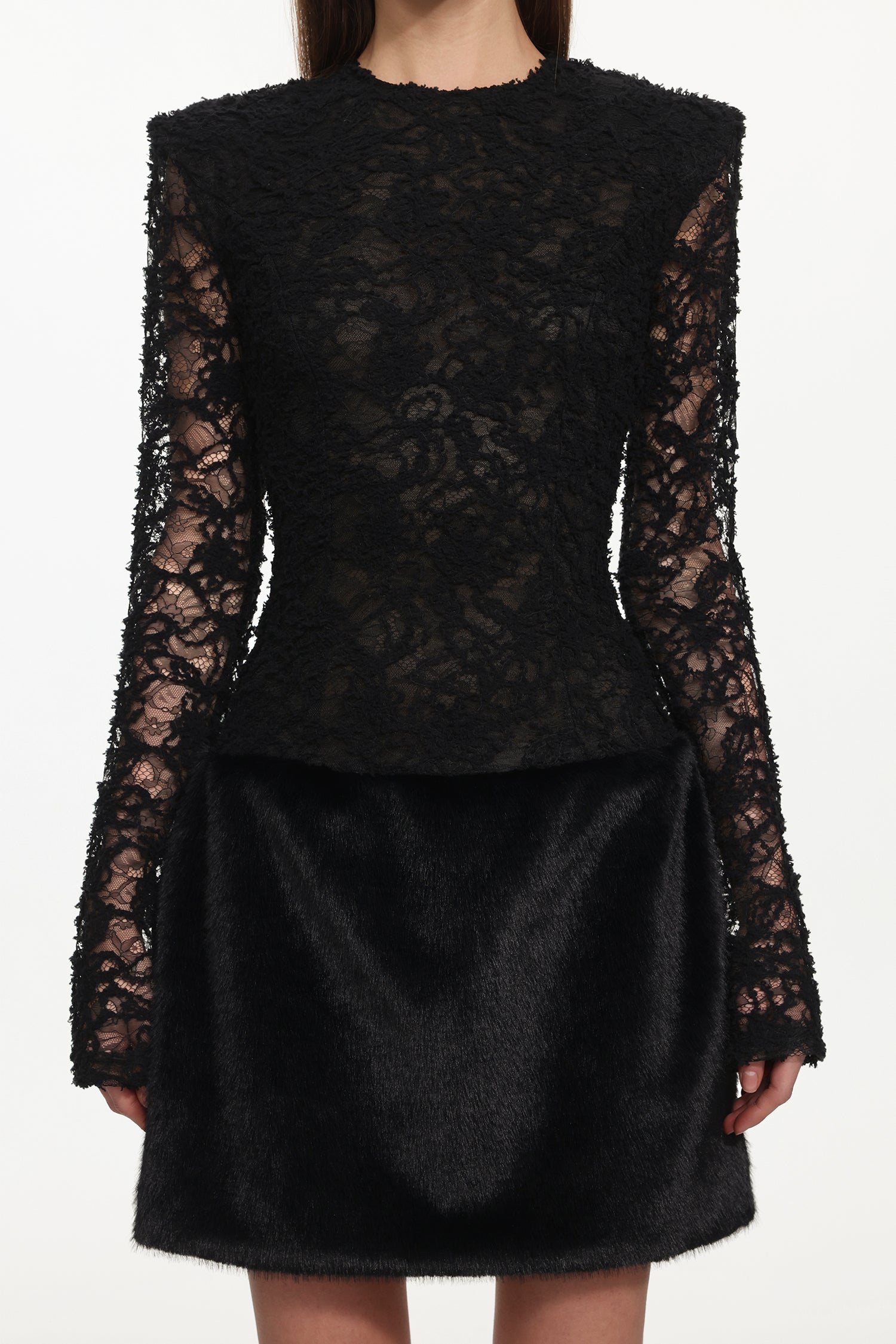 Wanda Chic Contour Long Sleeve Lace Faux Fur Mini Dress	