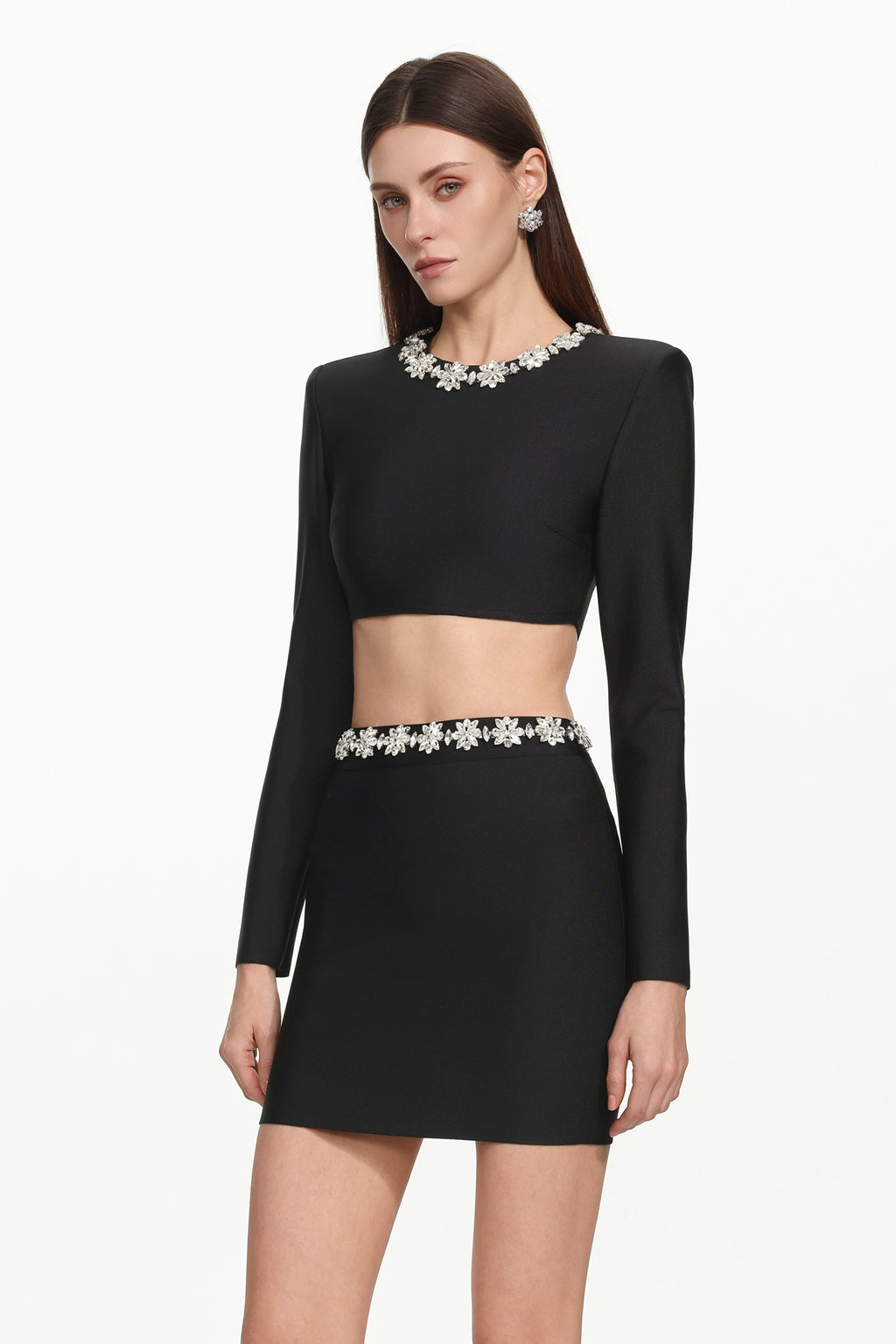 Lerae Chic Contour Long Sleeve Rhinestone Bandage Top and Skirt Set	