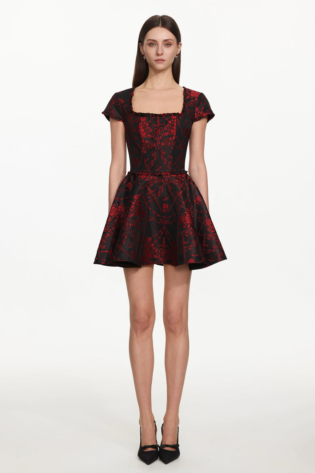 Gail Romantic Tailored Square Neck Short Sleeeve Print Mini Dress	