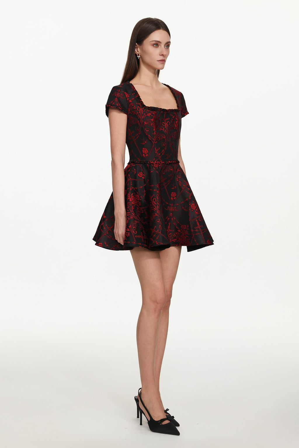 Gail Romantic Tailored Square Neck Short Sleeeve Print Mini Dress	