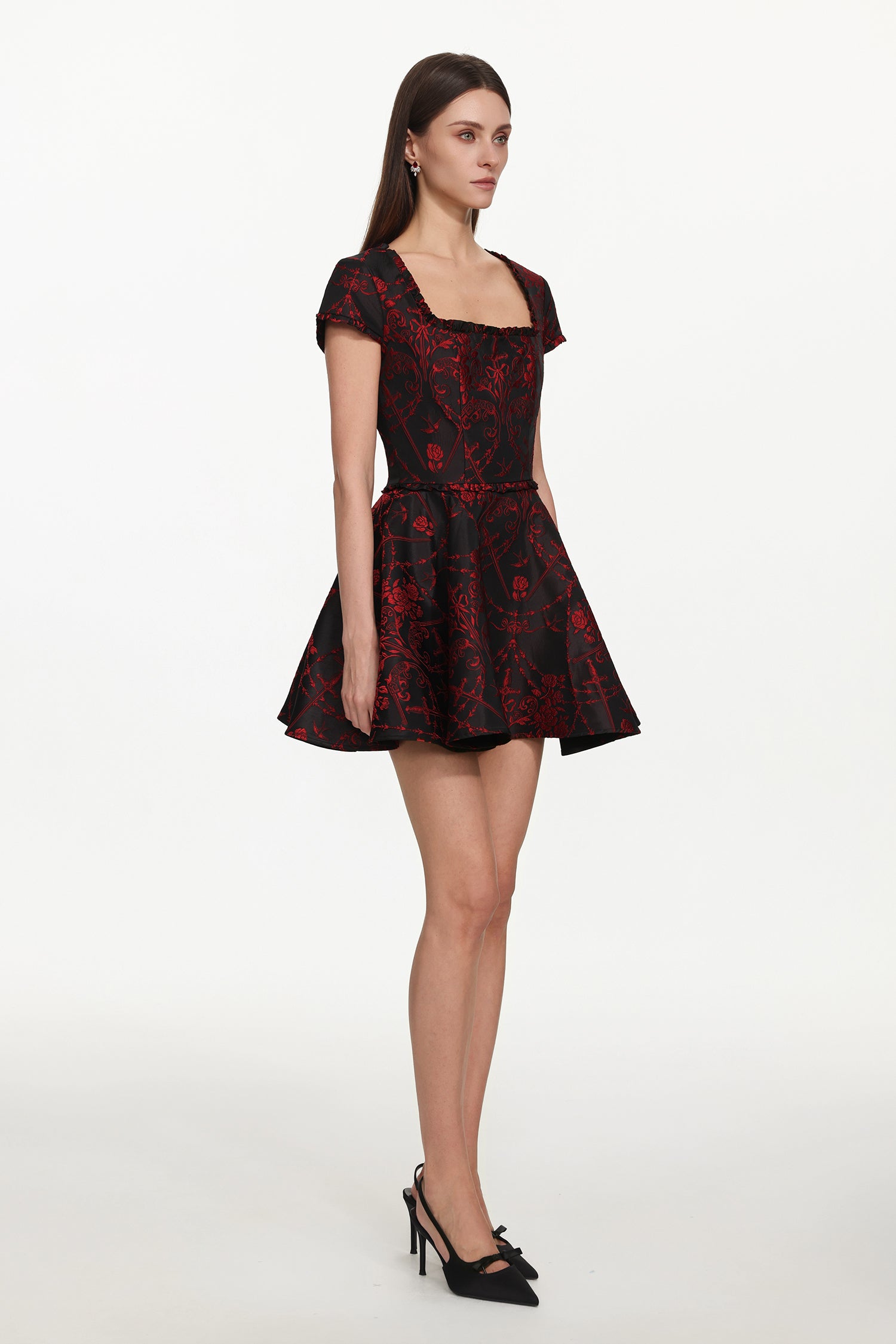 Gail Romantic Tailored Square Neck Short Sleeeve Print Mini Dress	