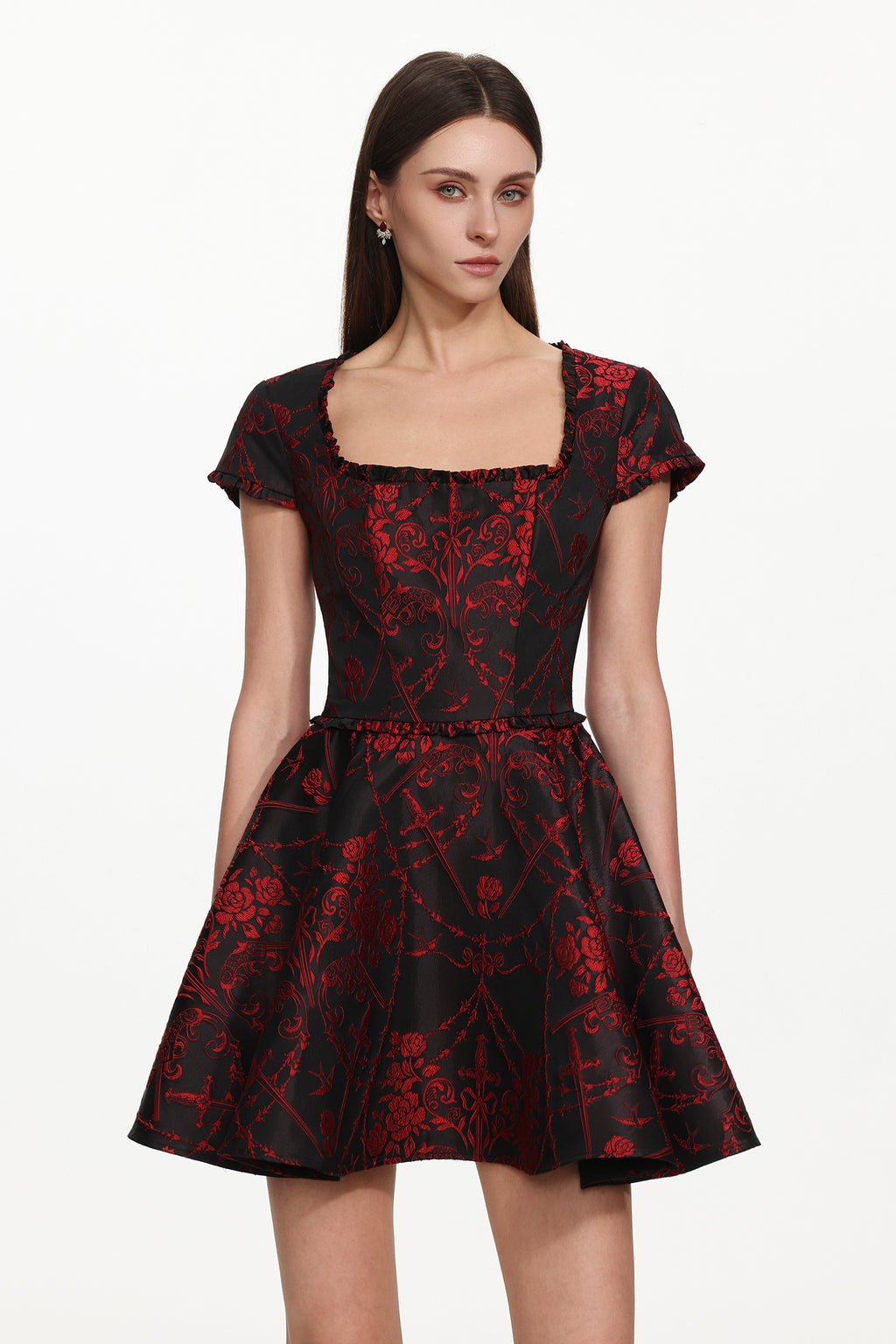 Gail Romantic Tailored Square Neck Short Sleeeve Print Mini Dress	