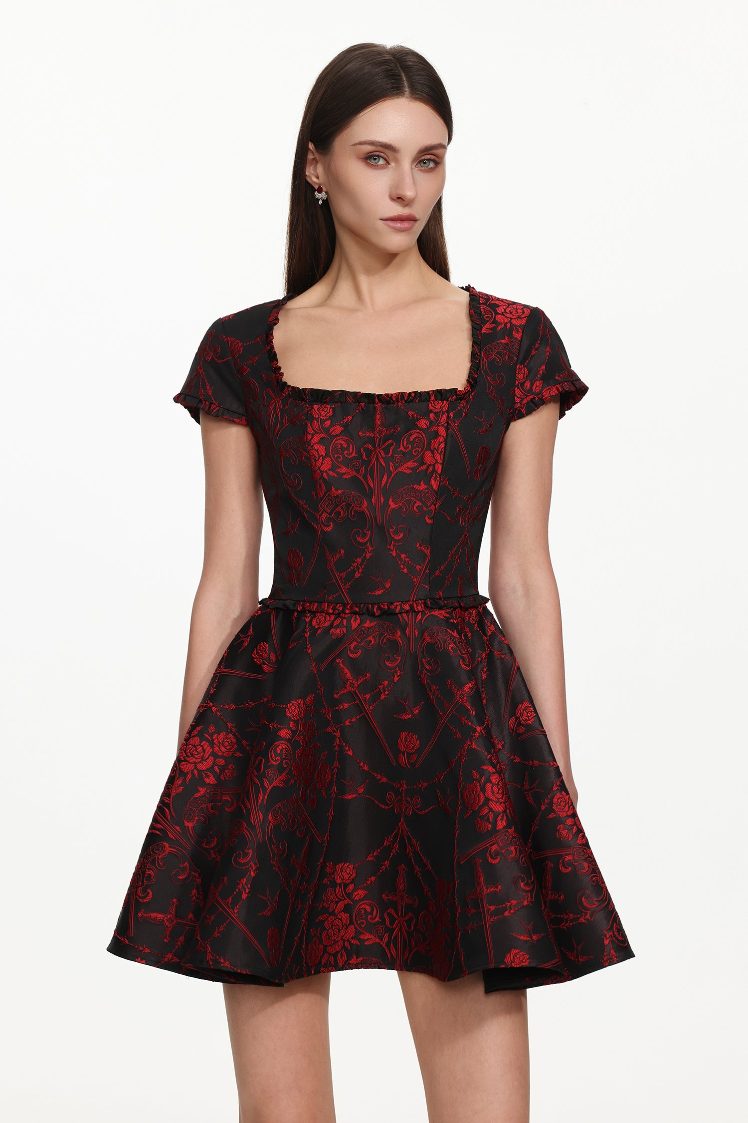 Gail Romantic Tailored Square Neck Short Sleeeve Print Mini Dress	