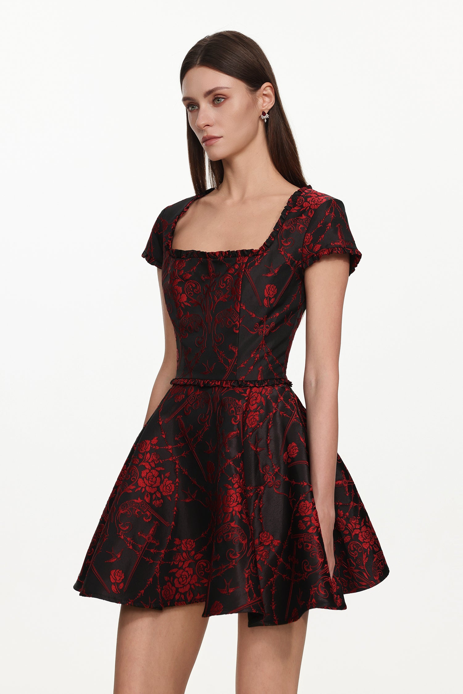 Gail Romantic Tailored Square Neck Short Sleeeve Print Mini Dress	