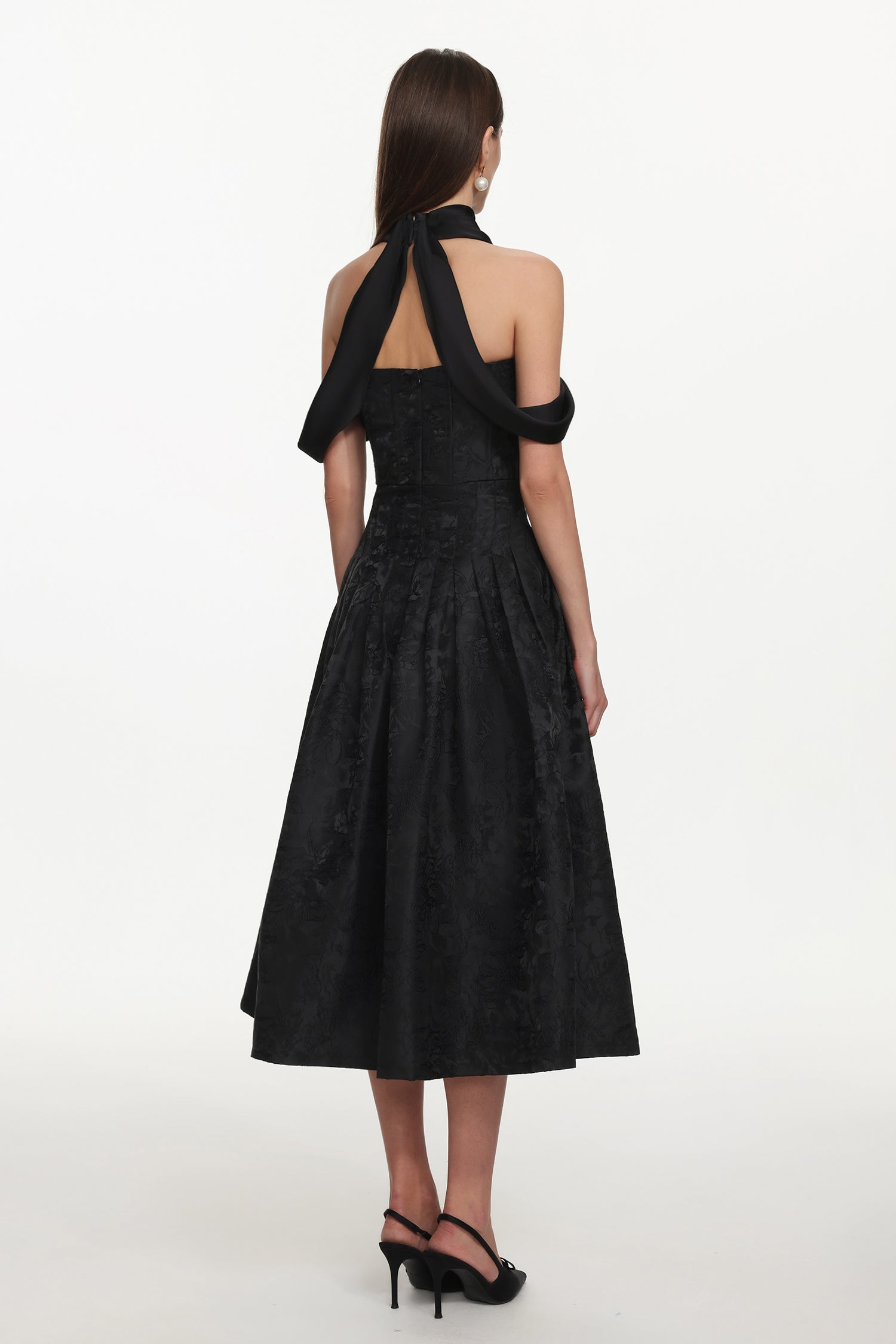 Nancy Elegant Tailored Off Shoulder Pleated Floral Maxi Dress	