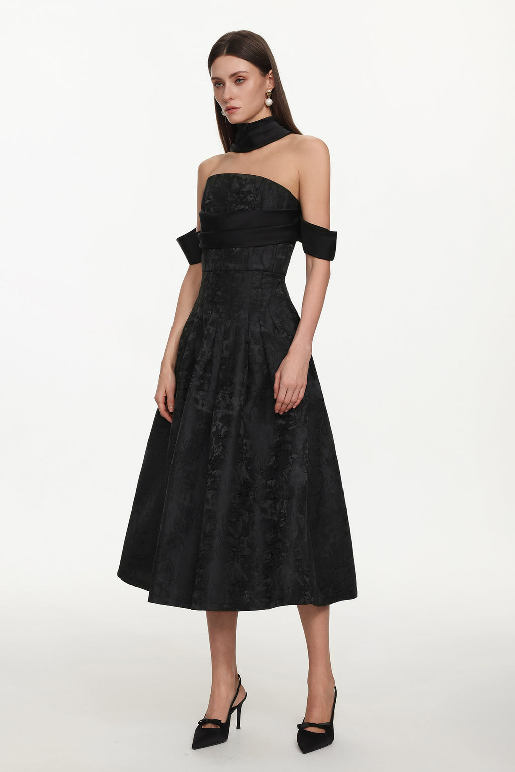 Nancy Elegant Tailored Off Shoulder Pleated Floral Maxi Dress	