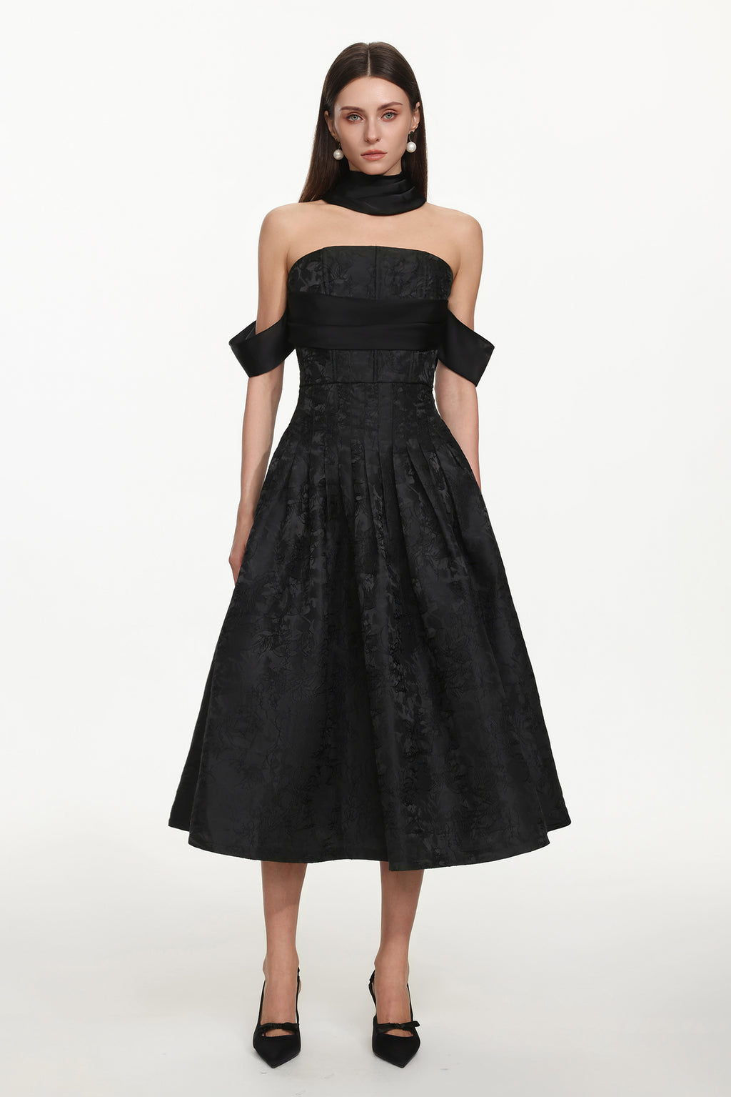 Nancy Elegant Tailored Off Shoulder Pleated Floral Maxi Dress	