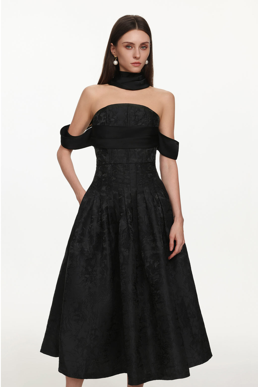 Nancy Elegant Tailored Off Shoulder Pleated Floral Maxi Dress	