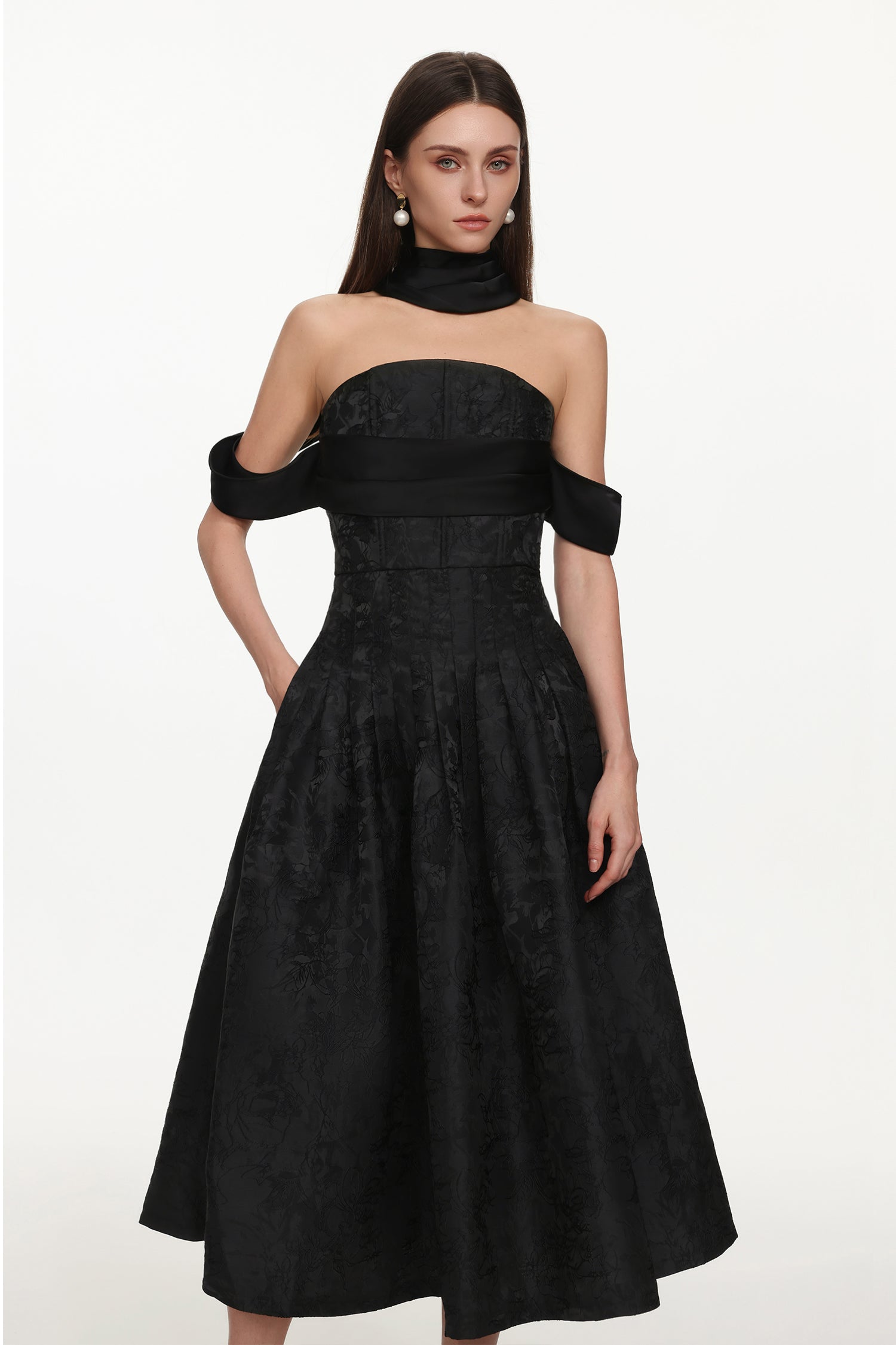 Nancy Elegant Tailored Off Shoulder Pleated Floral Maxi Dress	