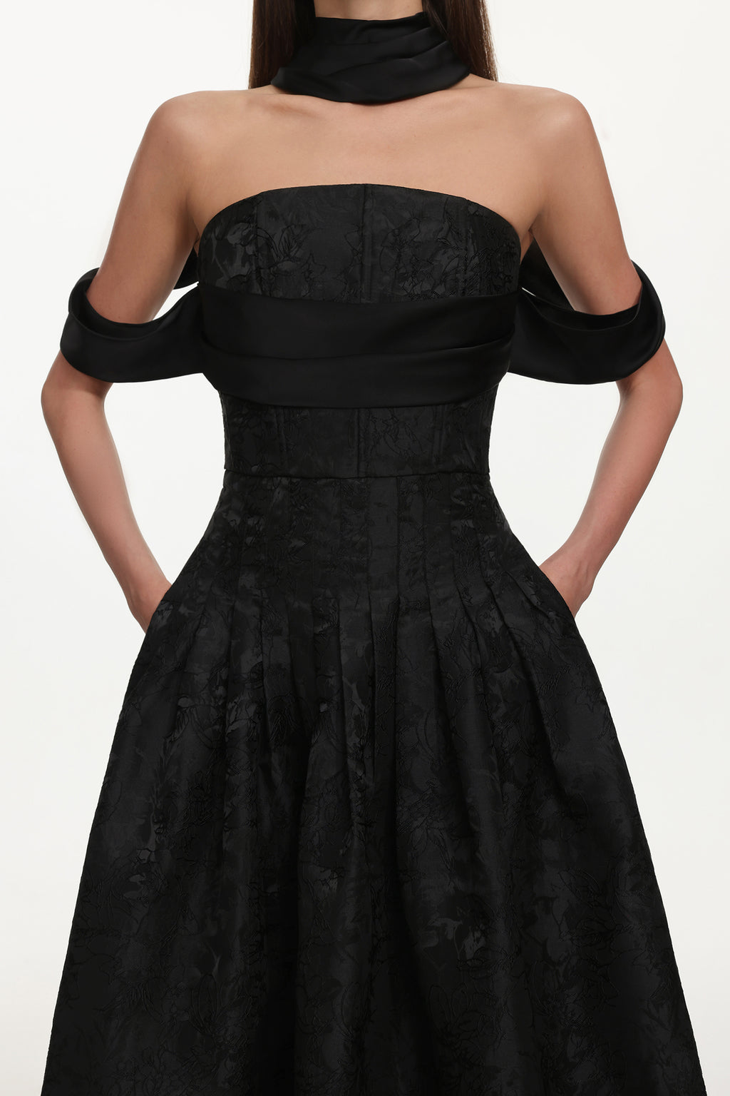 Nancy Elegant Tailored Off Shoulder Pleated Floral Maxi Dress	