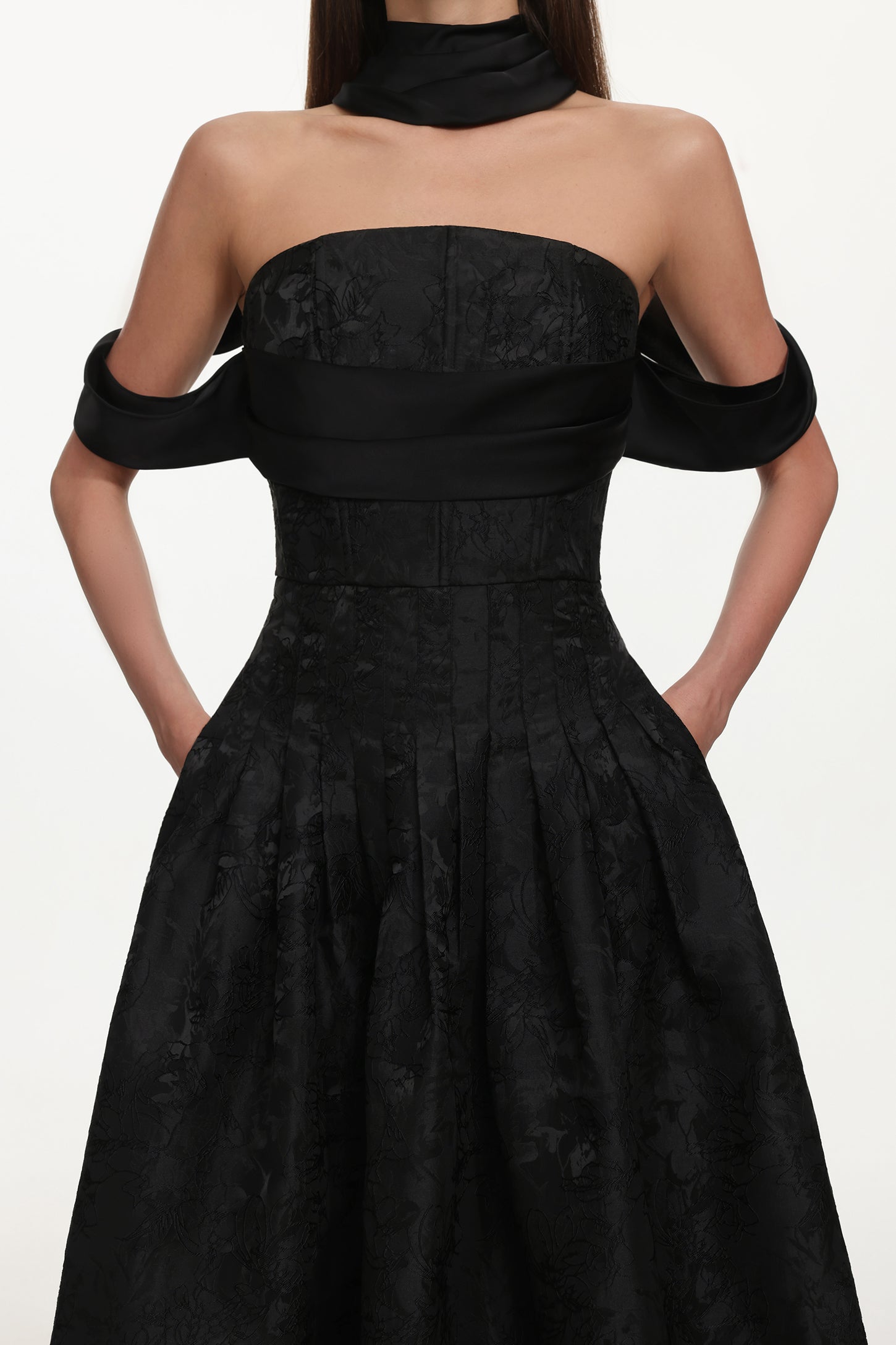 Nancy Elegant Tailored Off Shoulder Pleated Floral Maxi Dress	