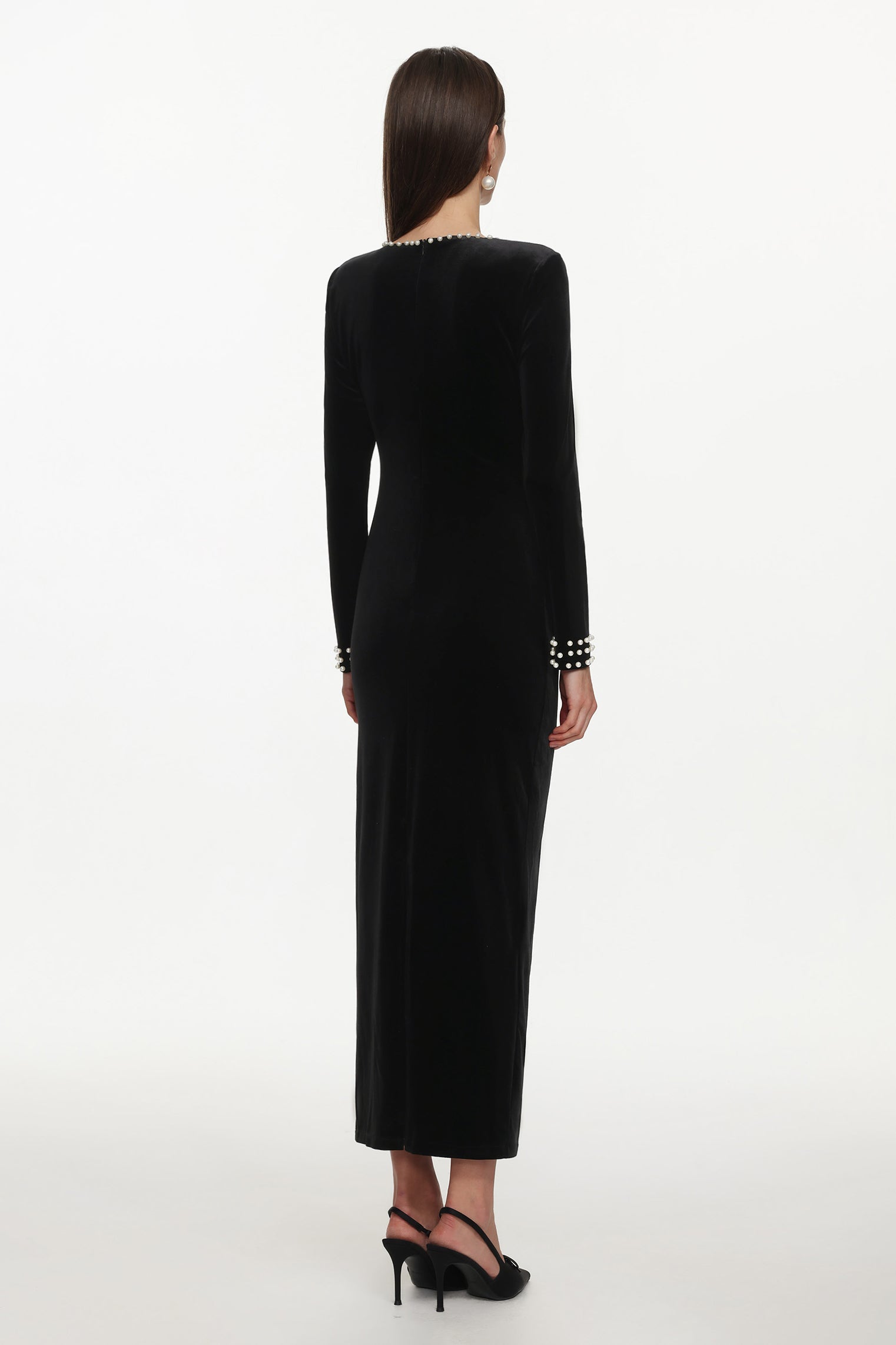 Omega Classic Contour Long Sleeve Cut Out Pearl Velvet Maxi Dress	