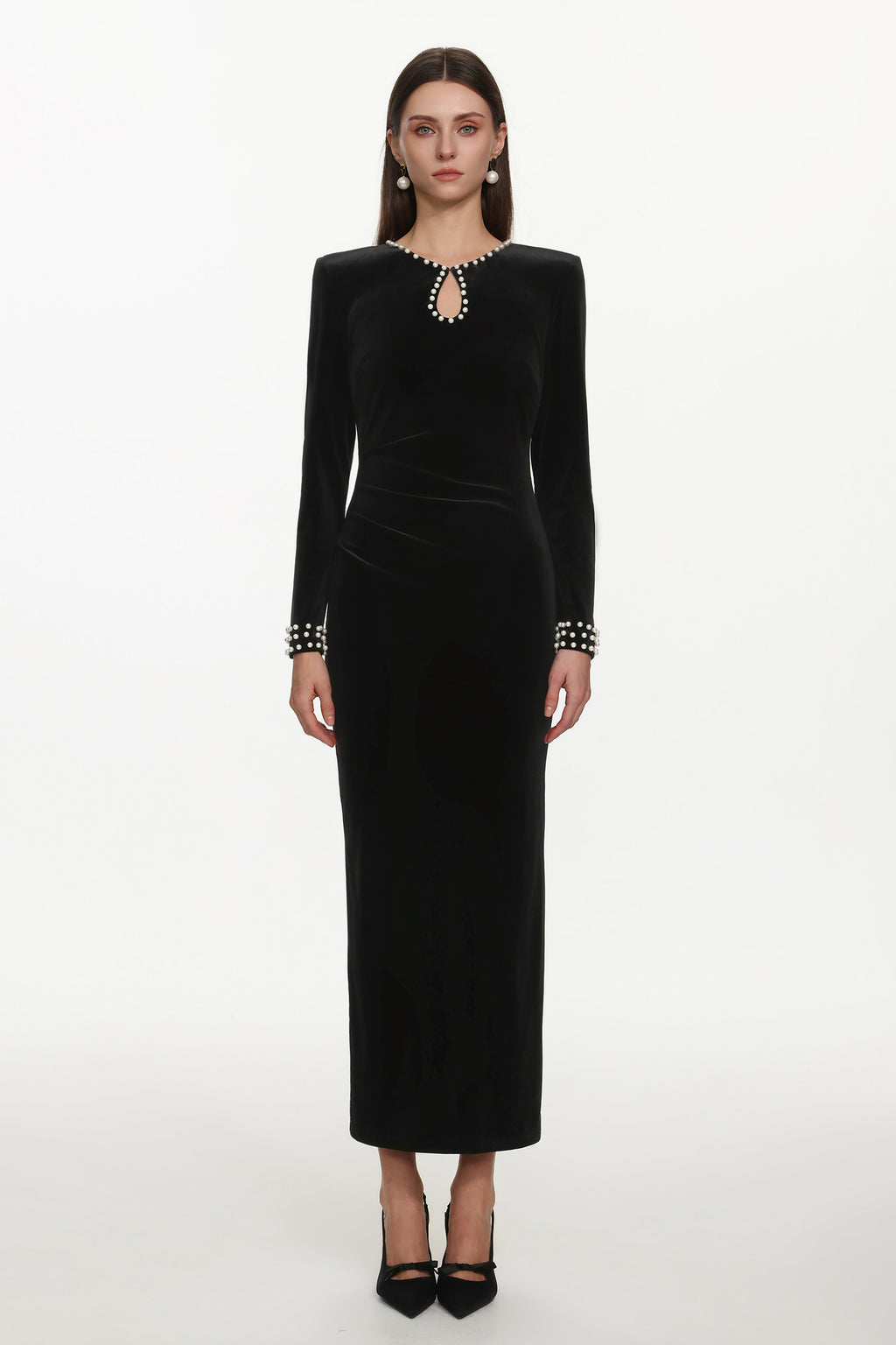 Omega Classic Contour Long Sleeve Cut Out Pearl Velvet Maxi Dress	