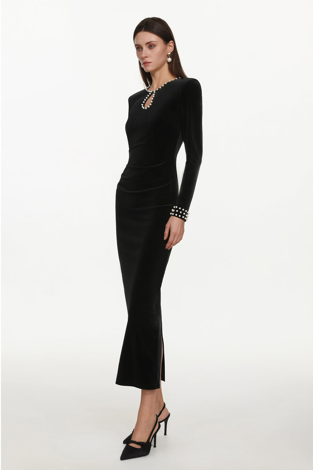 Omega Classic Contour Long Sleeve Cut Out Pearl Velvet Maxi Dress	