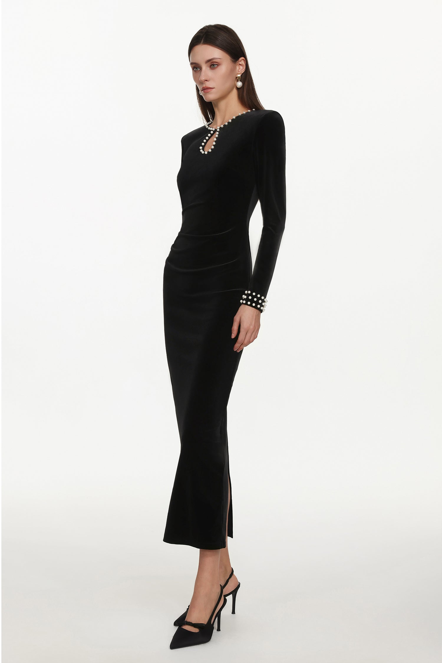 Omega Classic Contour Long Sleeve Cut Out Pearl Velvet Maxi Dress	