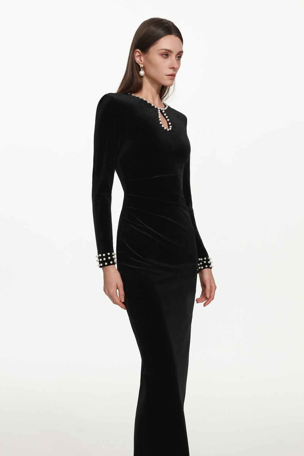 Omega Classic Contour Long Sleeve Cut Out Pearl Velvet Maxi Dress	