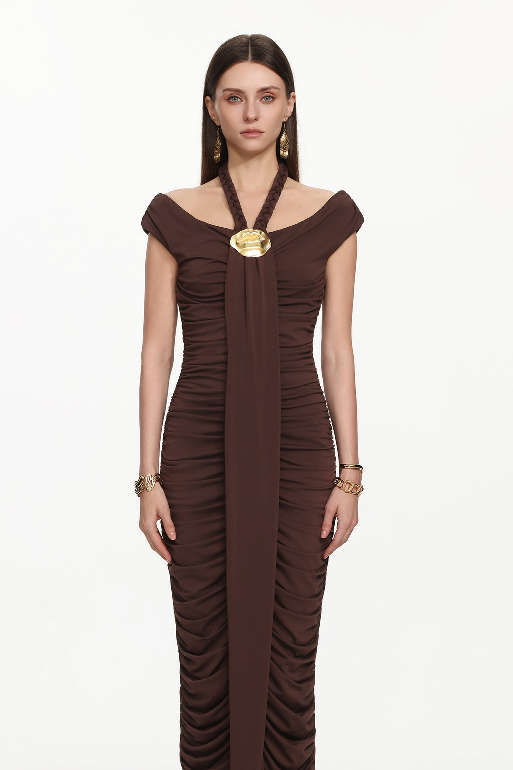 Devere Elegant Contour Sleeveless Ruched Knit Brown Maxi Dress	