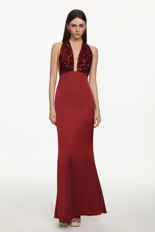 Elora Romantic Contour Deep V Halter Sequin Maxi Dress	