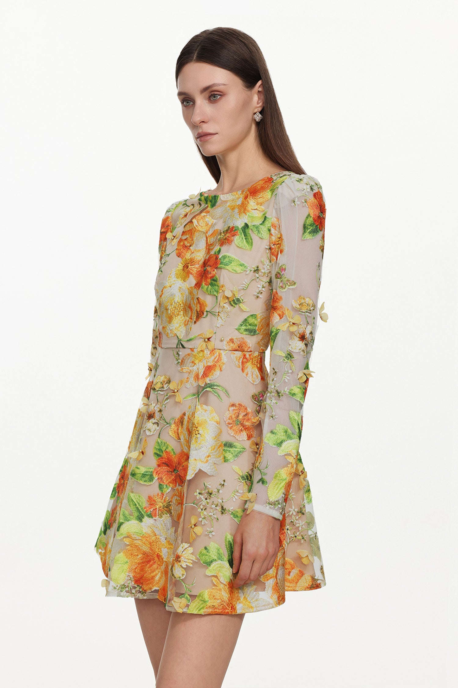 Vicky Romantic Tailored Long Sleeve Embroidered Floral Mini Dress	