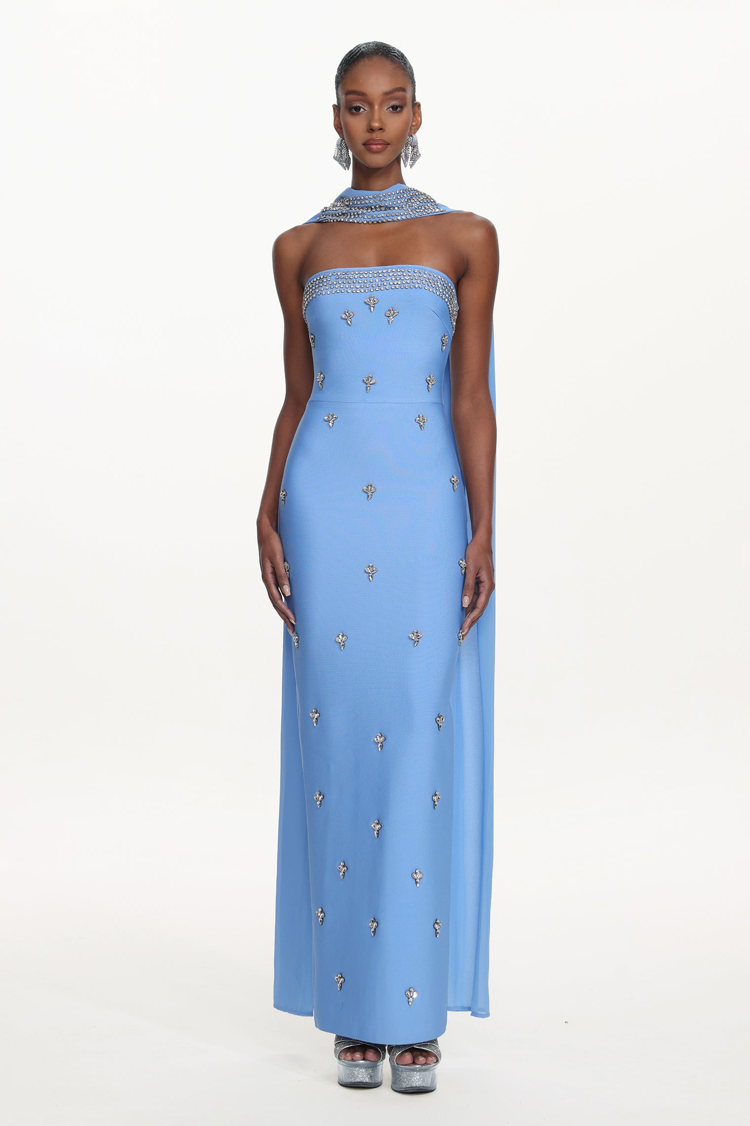Marina Glamorous Contour Strapless Rhinestone Bandage Maxi Dress	