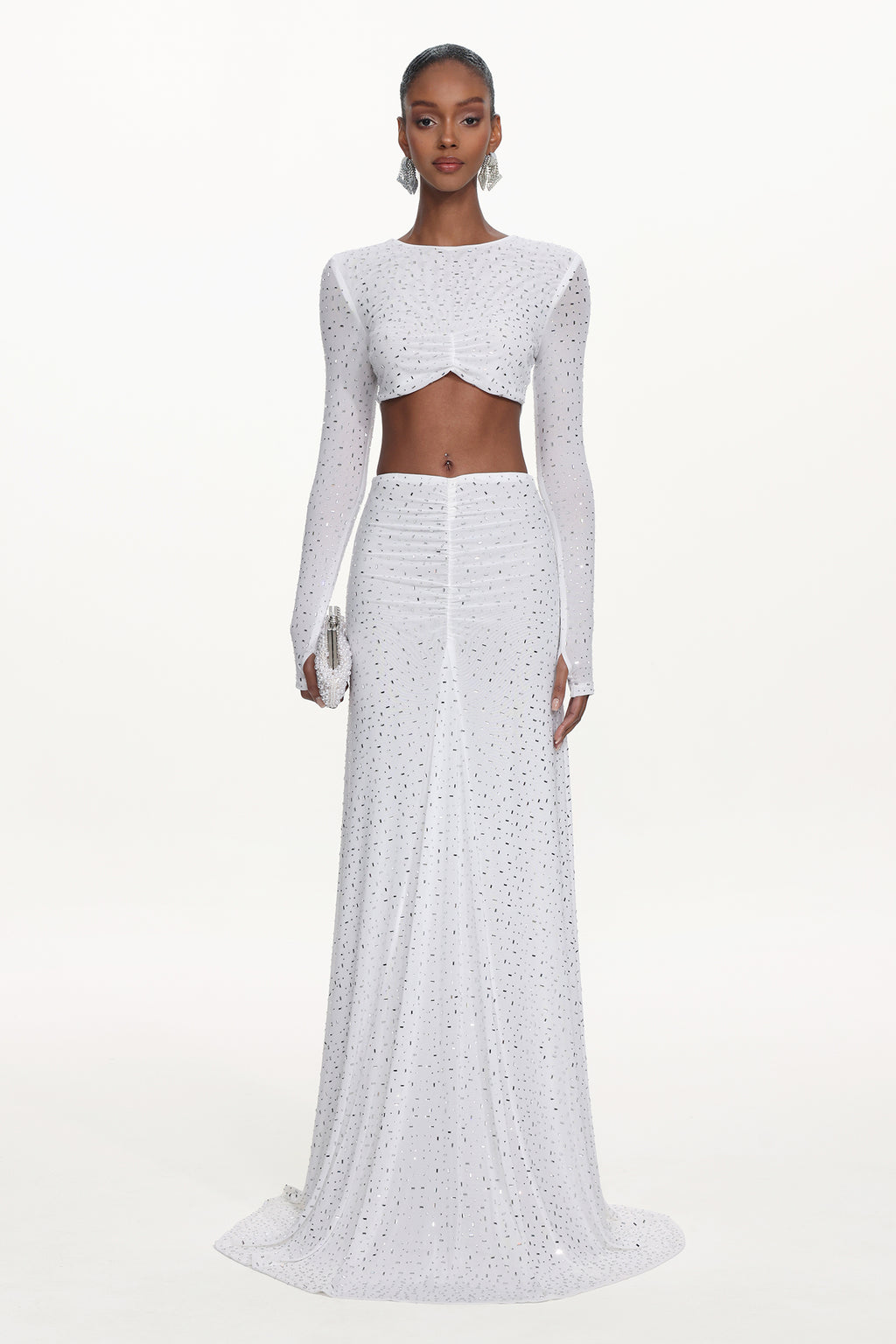 Elva Chic Contour Long Sleeve Ruched Crystal Top and Skirt Set	