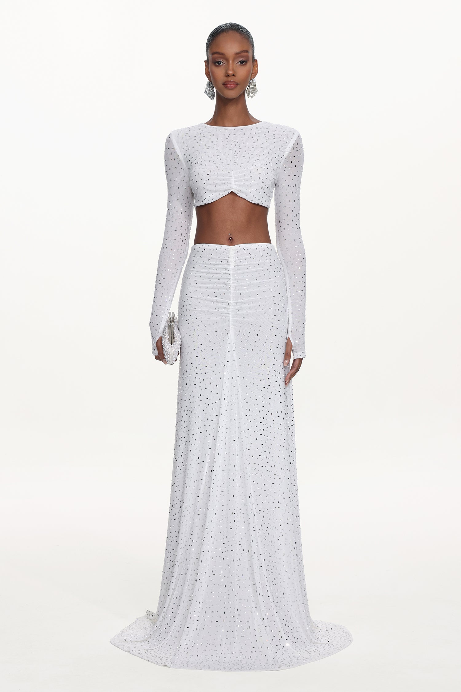 Elva Chic Contour Long Sleeve Ruched Crystal Top and Skirt Set	